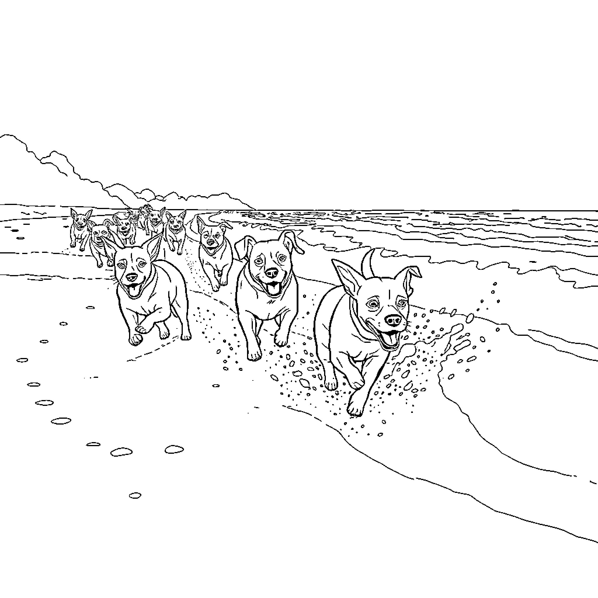 Dog pack running together on the beach Coloring Page (free black-and-white line drawing printable PDF for all, from beginners to advanced learners, including children, teens, adults, and seniors)