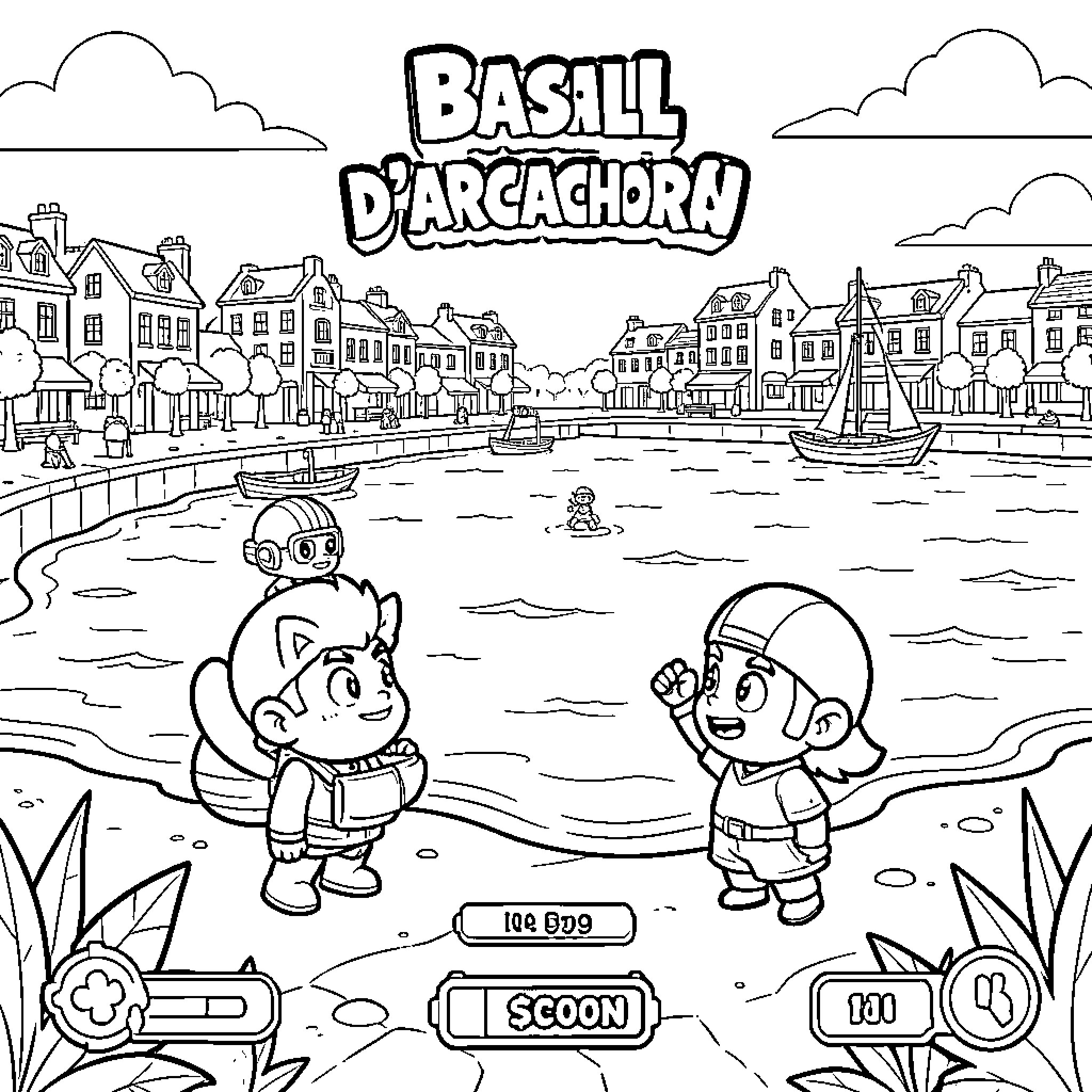 Brawl Stars characters interacting by the seaside town Coloring Page (free black-and-white line drawing printable PDF for all, from beginners to advanced learners, including children, teens, adults, and seniors)