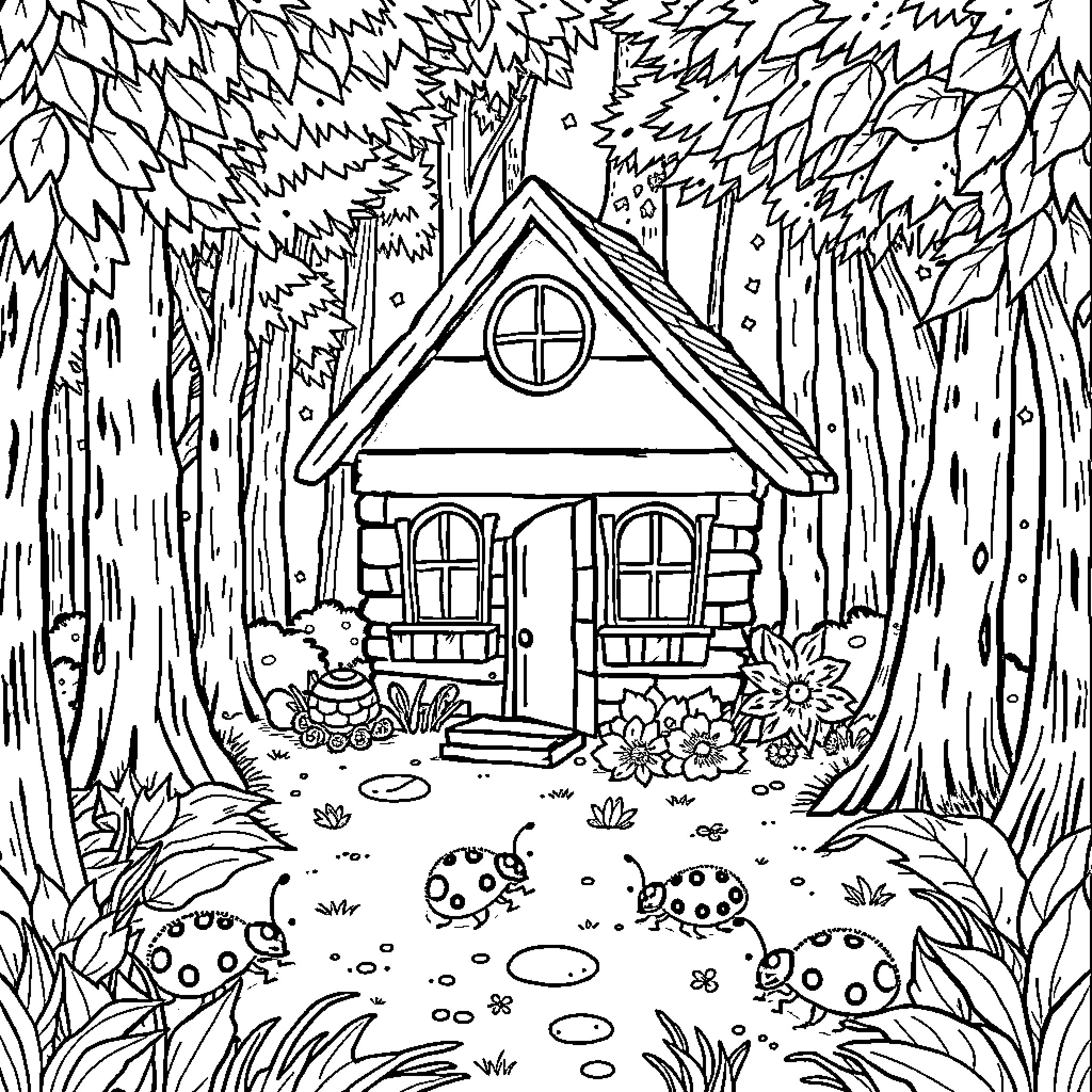 Ladybug exploring a cozy woodland cottage Coloring Page (free black-and-white line drawing printable PDF for all, from beginners to advanced learners, including children, teens, adults, and seniors)