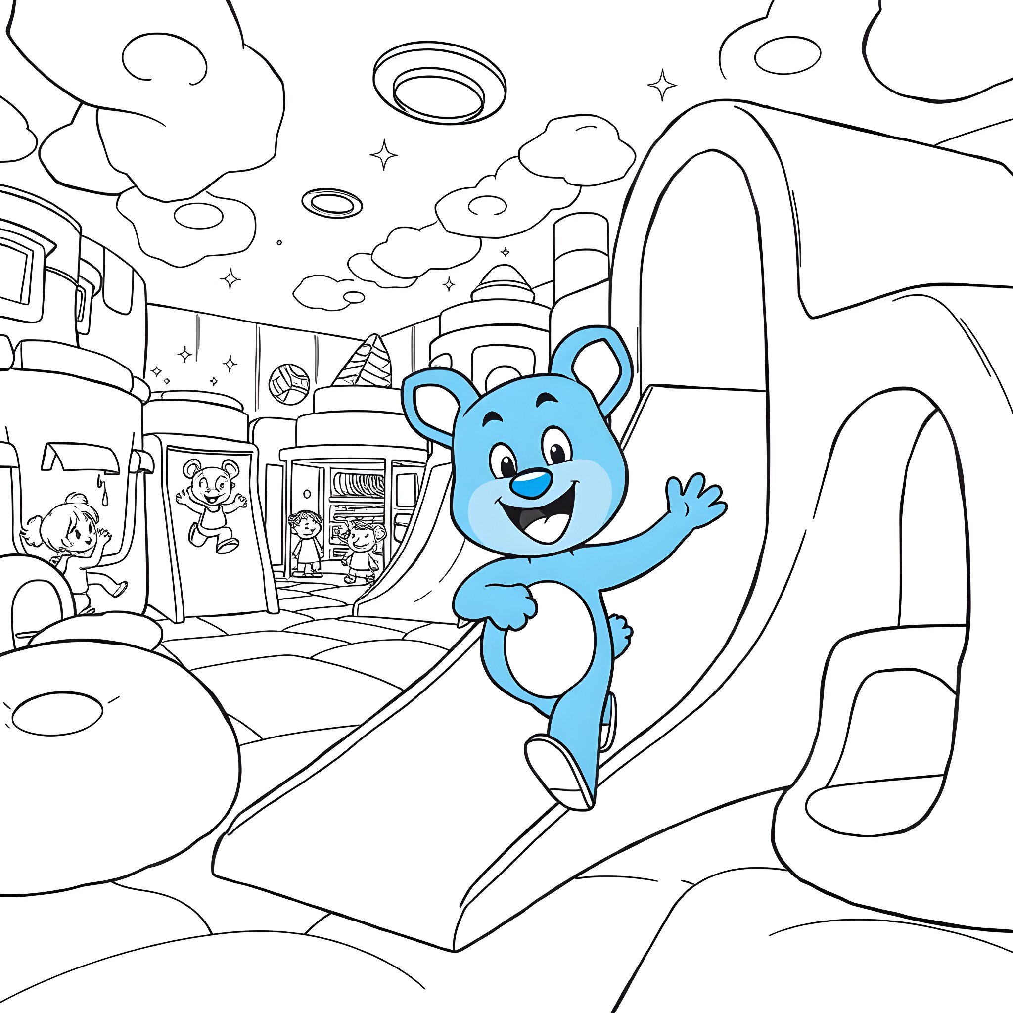 Bluey having fun in the animated world Coloring Page (free black-and-white line drawing printable PDF for all, from beginners to advanced learners, including children, teens, adults, and seniors)