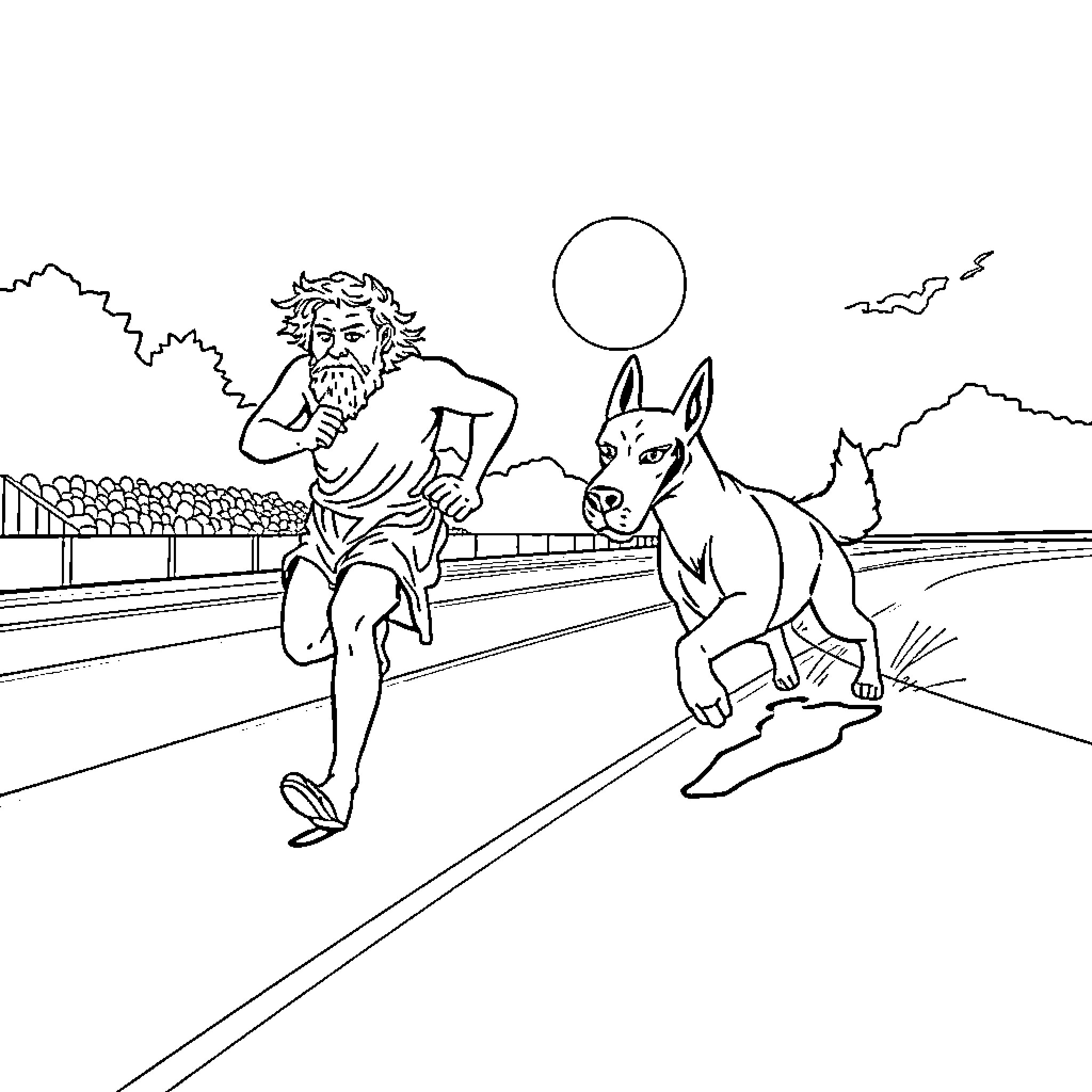Euripides and his loyal dog running through the city Coloring Page (free black-and-white line drawing printable PDF for all, from beginners to advanced learners, including children, teens, adults, and seniors)