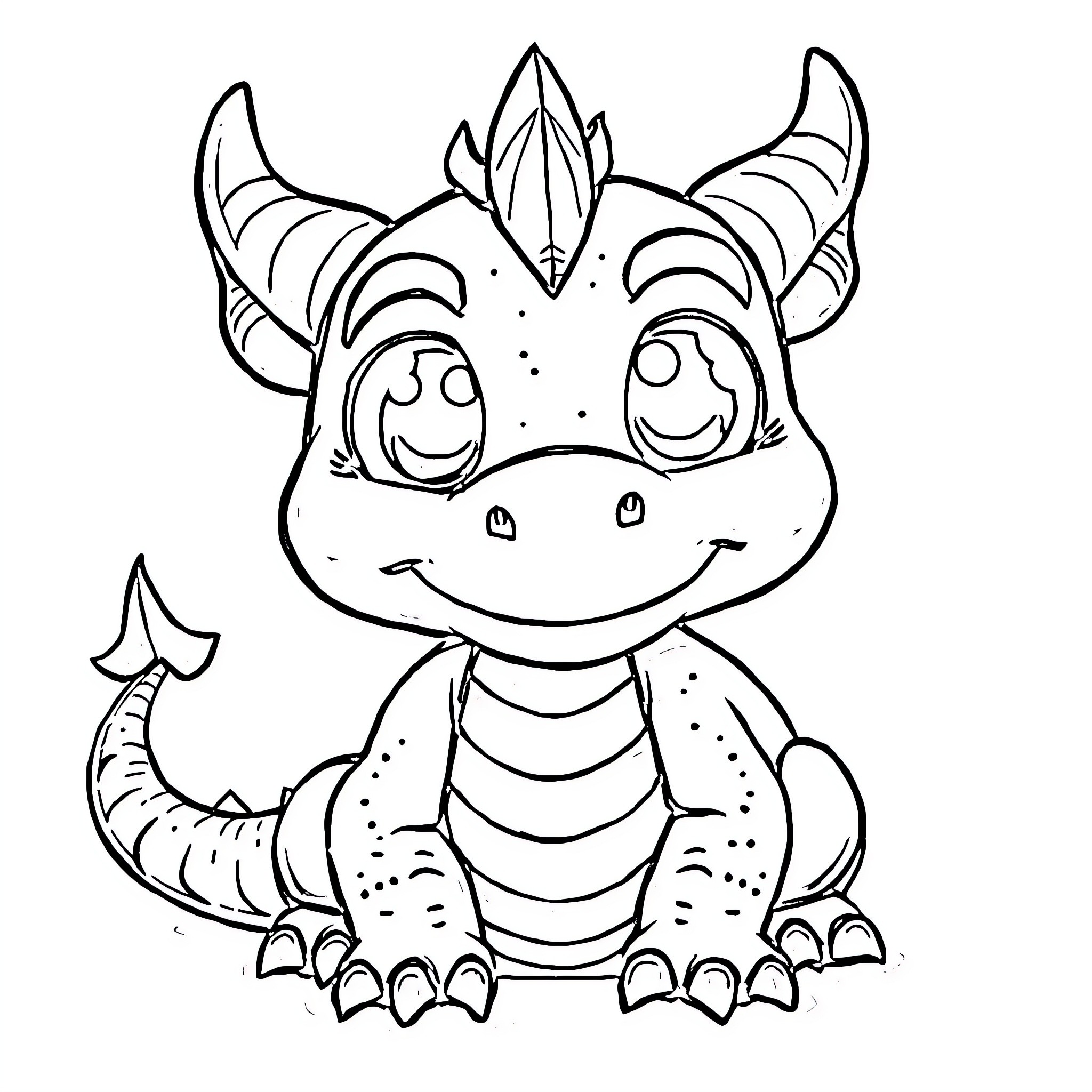 Dragon smiling with happy expression Coloring Page (free black-and-white line drawing printable PDF for all, from beginners to advanced learners, including children, teens, adults, and seniors)