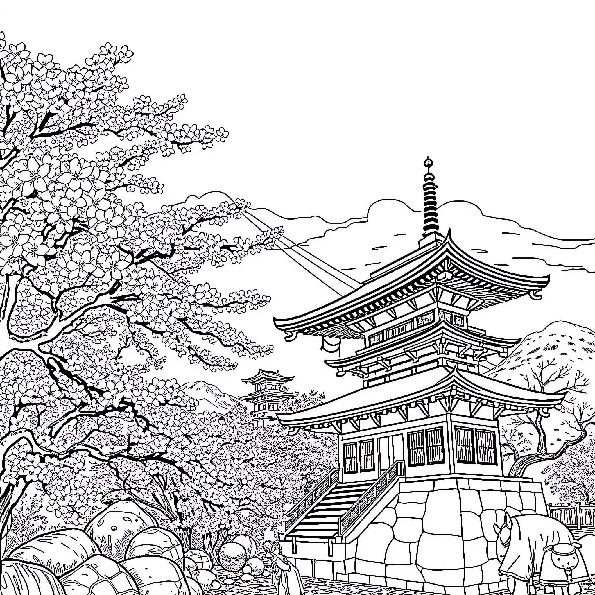 Japan Scenic View of Cherry Blossoms and Pagoda Coloring Page (free black-and-white line drawing printable PDF for all, from beginners to advanced learners, including children, teens, adults, and seniors)