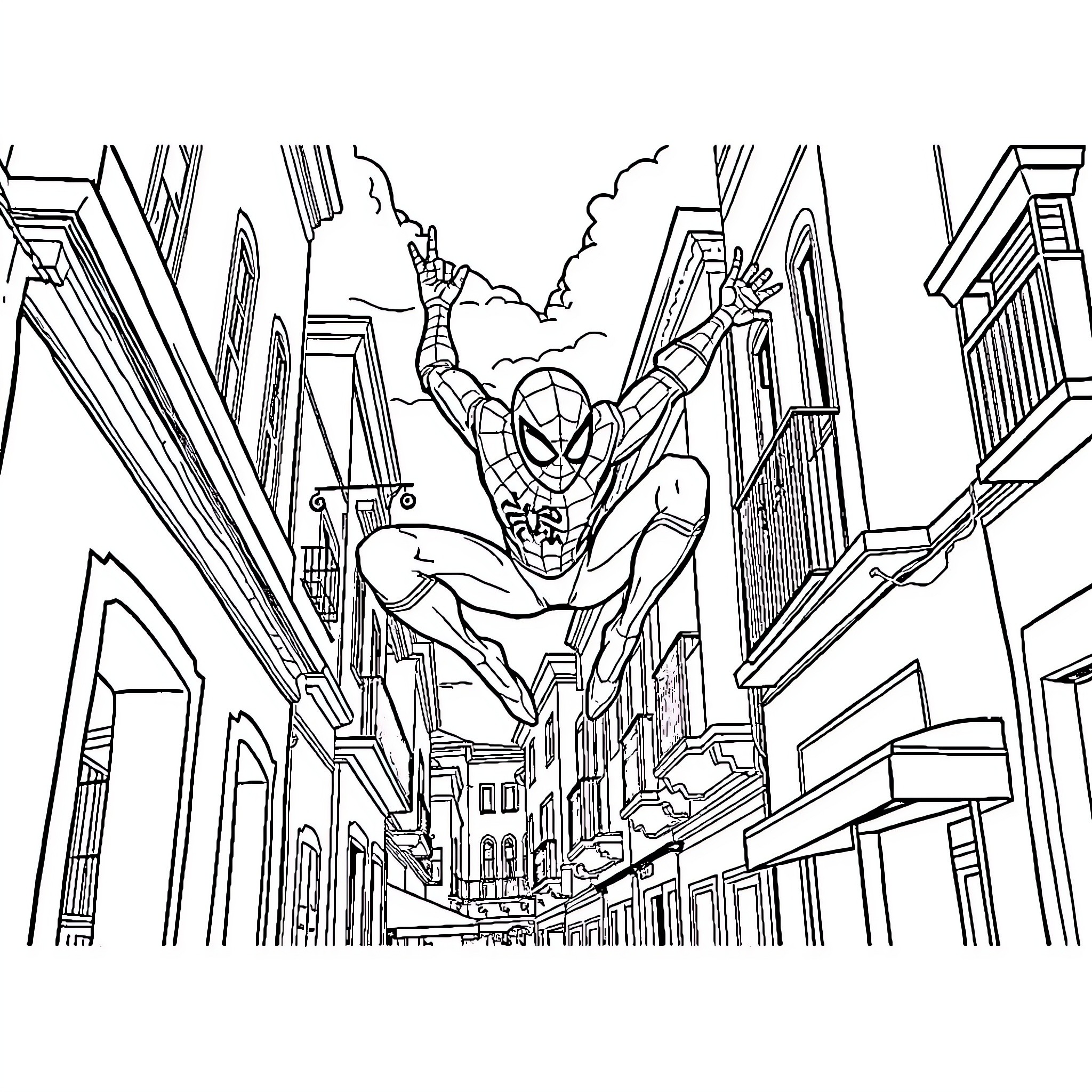 Spiderman swinging through the city skyline Coloring Page (free black-and-white line drawing printable PDF for all, from beginners to advanced learners, including children, teens, adults, and seniors)