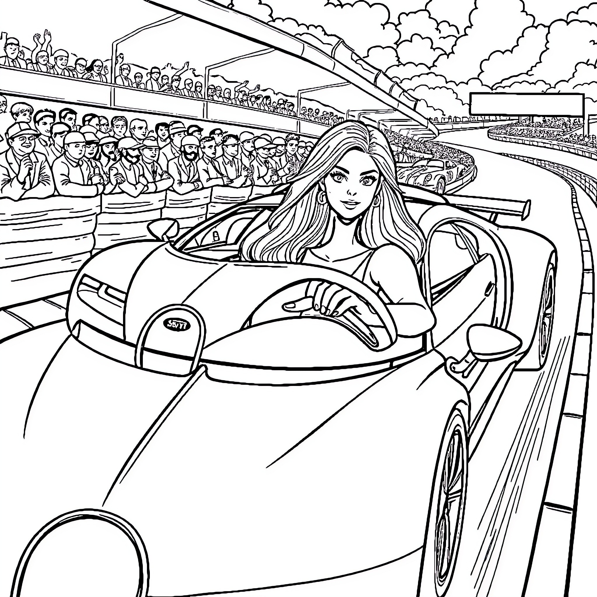 Girl racing at high-speed sports car event Coloring Page (free black-and-white line drawing printable PDF for all, from beginners to advanced learners, including children, teens, adults, and seniors)