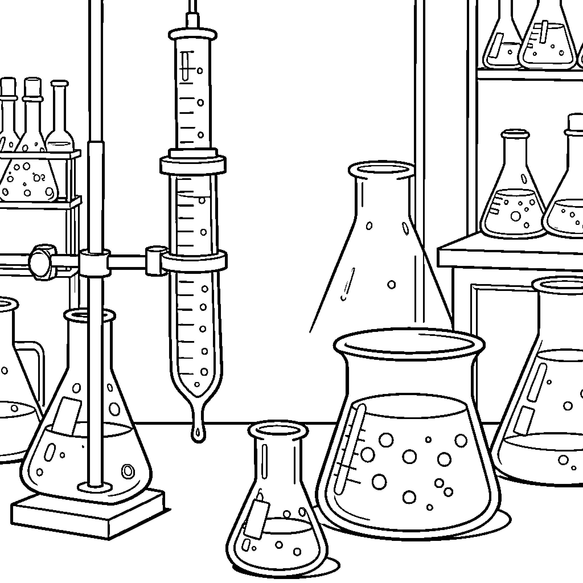 Titration apparatus and laboratory equipment Coloring Page (free black-and-white line drawing printable PDF for all, from beginners to advanced learners, including children, teens, adults, and seniors)