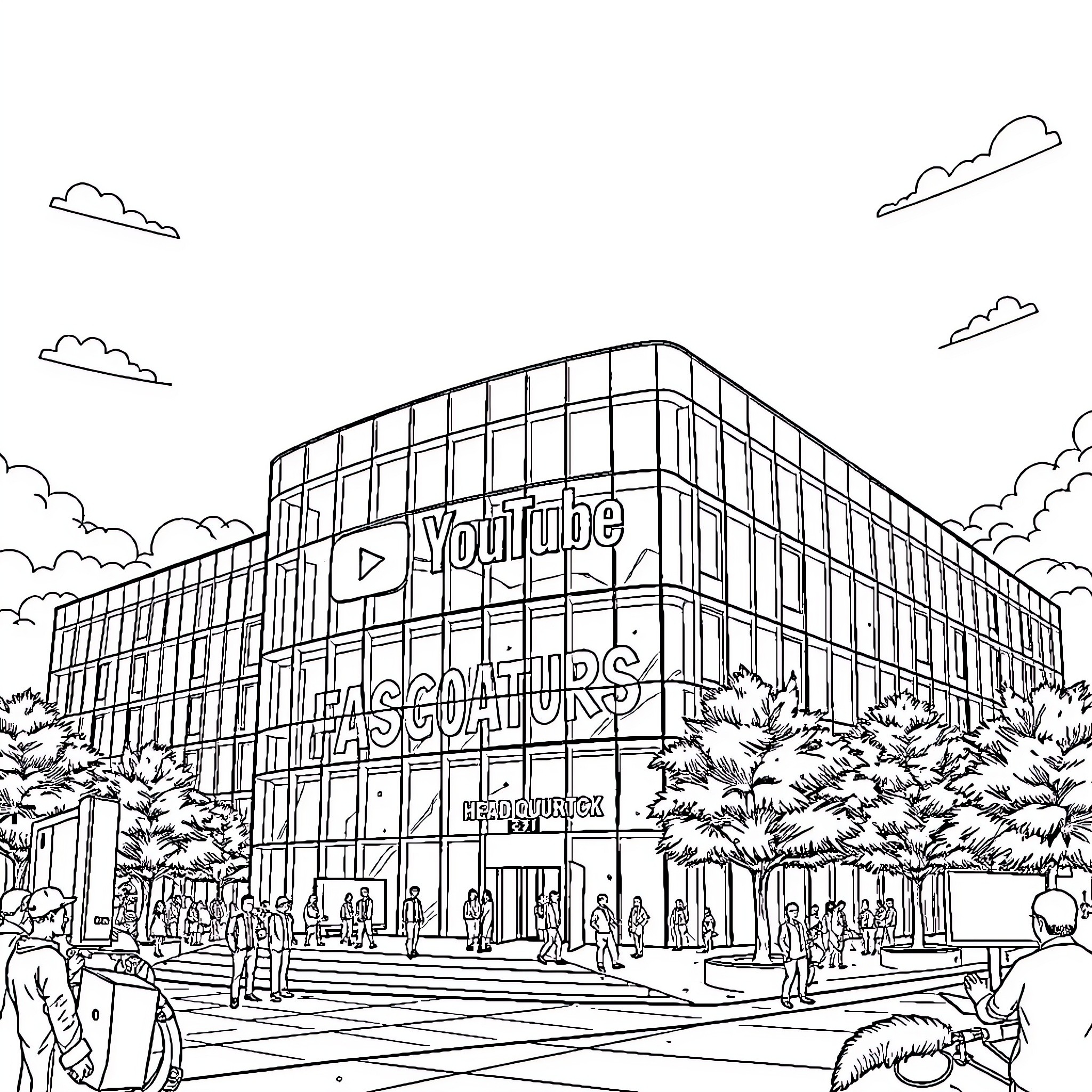 YouTube HQ with people and surroundings Coloring Page (free black-and-white line drawing printable PDF for all, from beginners to advanced learners, including children, teens, adults, and seniors)