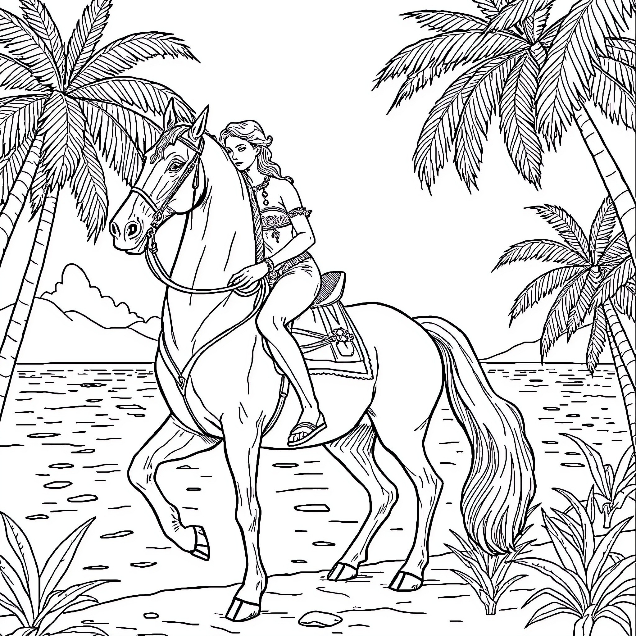 Mermaid riding a majestic horse on a tropical beach Coloring Page (free black-and-white line drawing printable PDF for all, from beginners to advanced learners, including children, teens, adults, and seniors)
