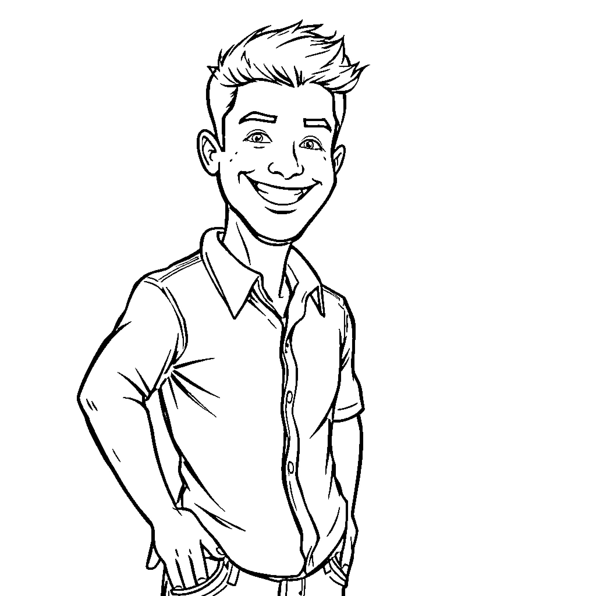 Conrad Fisher's cheerful smile and casual attire Coloring Page (free black-and-white line drawing printable PDF for all, from beginners to advanced learners, including children, teens, adults, and seniors)