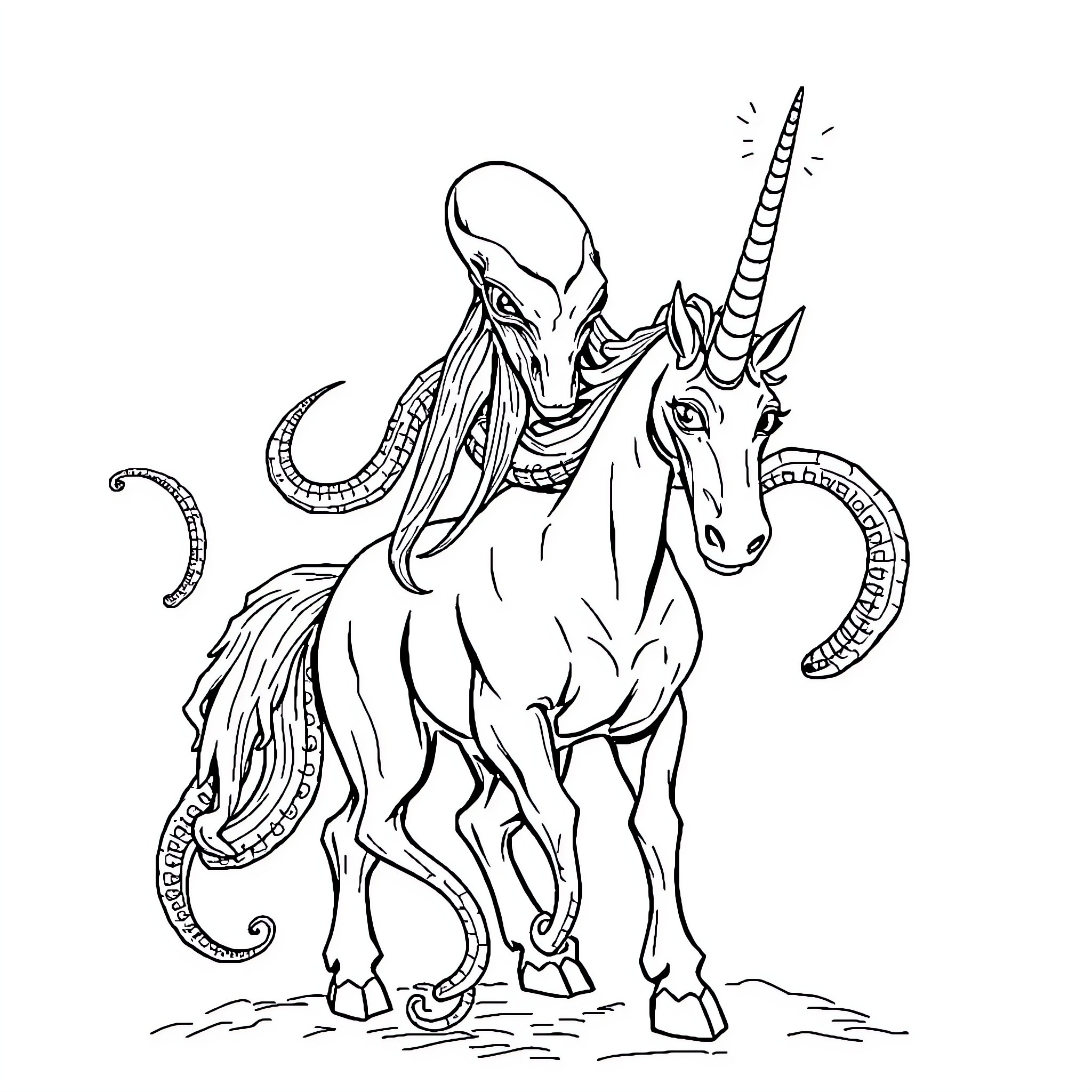 Cthulhu's Unholy Unicorn Unleashed Coloring Page (free black-and-white line drawing printable PDF for all, from beginners to advanced learners, including children, teens, adults, and seniors)