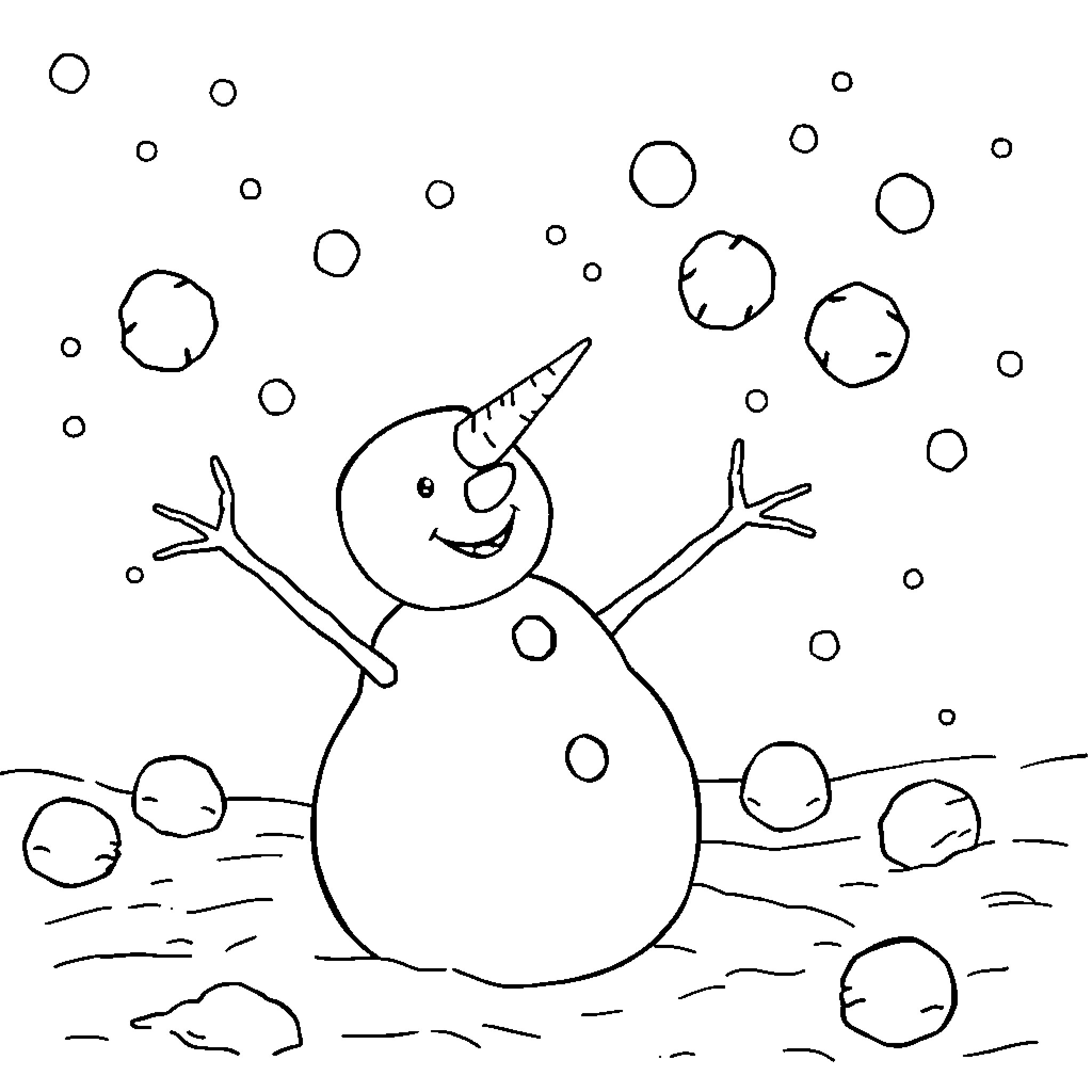Snowman joyfully playing in the snow Coloring Page (free black-and-white line drawing printable PDF for all, from beginners to advanced learners, including children, teens, adults, and seniors)