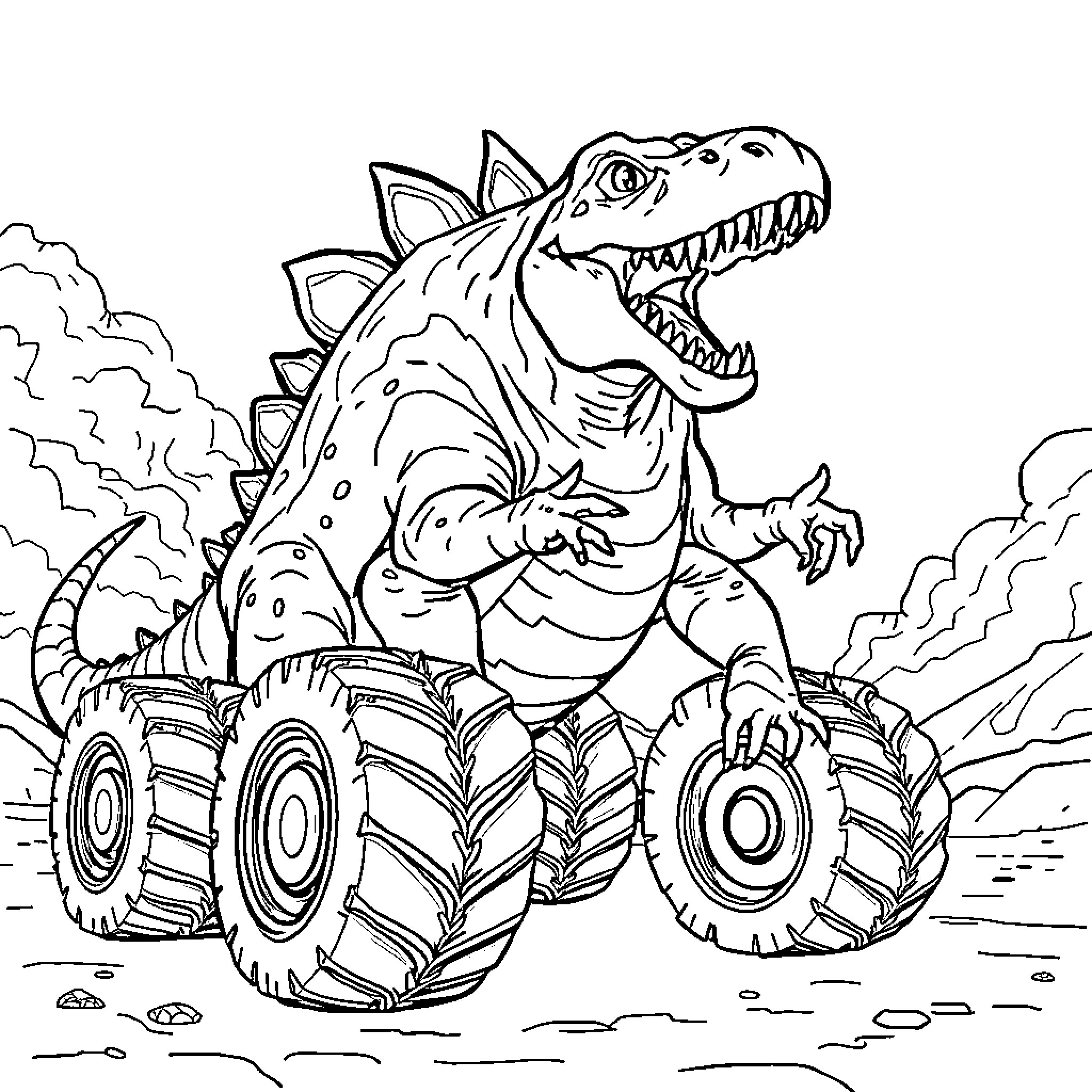 Monster Car Driven by Ferocious Dinosaur Coloring Page (free black-and-white line drawing printable PDF for all, from beginners to advanced learners, including children, teens, adults, and seniors)