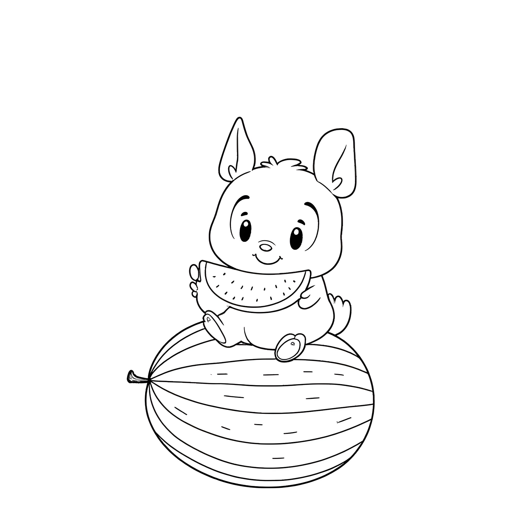 Cocomelon bunny enjoying watermelon on a cushion Coloring Page (free black-and-white line drawing printable PDF for all, from beginners to advanced learners, including children, teens, adults, and seniors)
