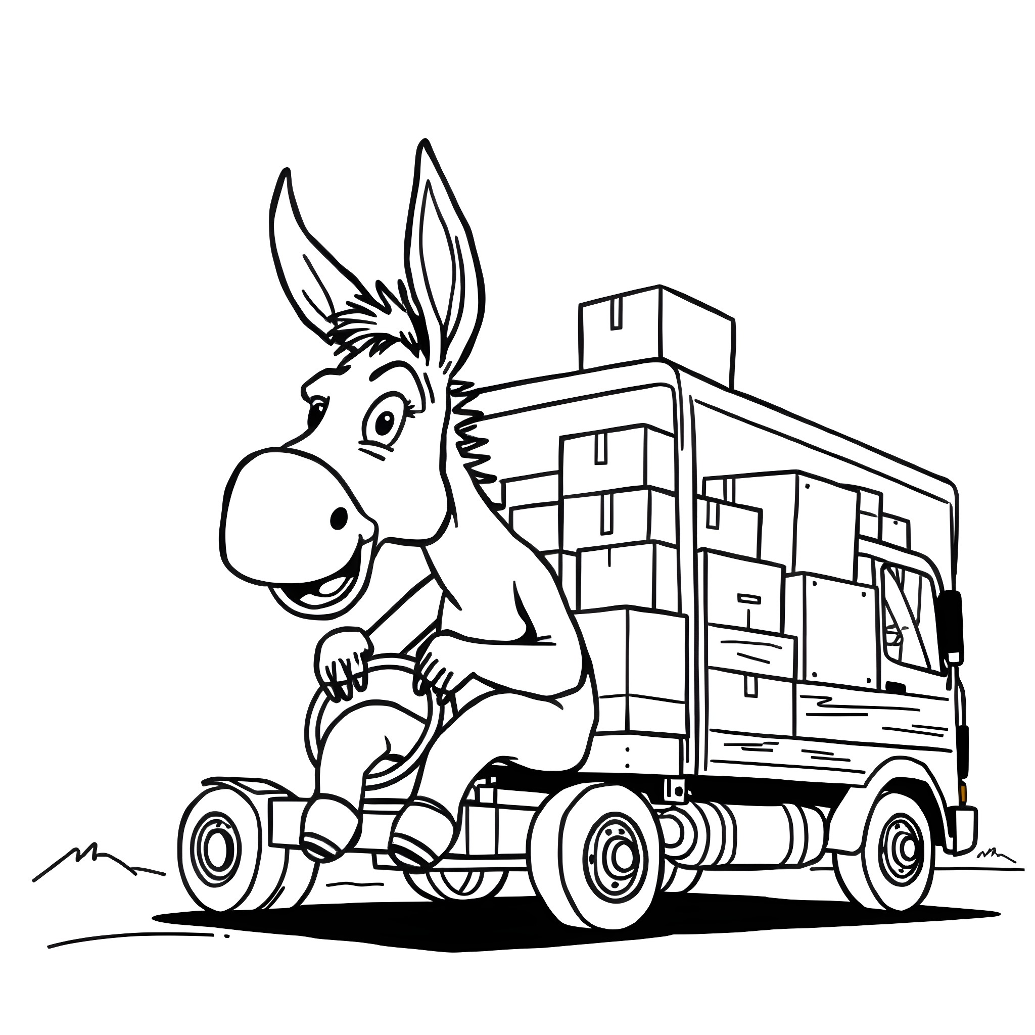 Donkey driving a delivery truck with packages Coloring Page (free black-and-white line drawing printable PDF for all, from beginners to advanced learners, including children, teens, adults, and seniors)