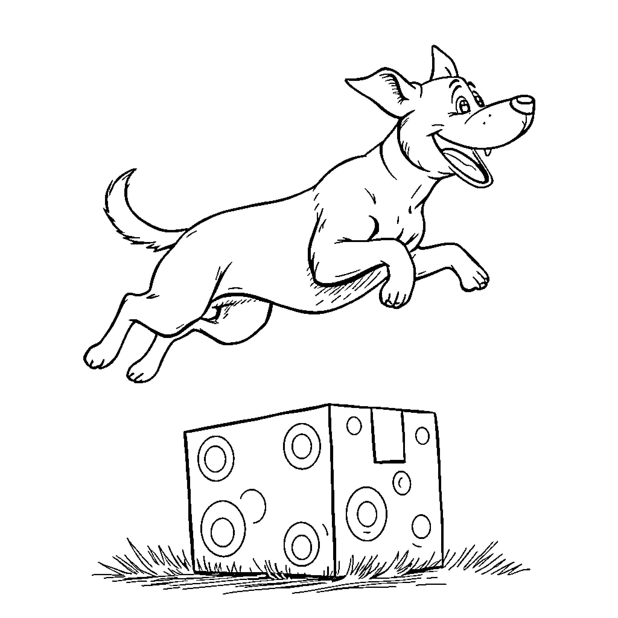 Dog jumping excitedly over spotted box Coloring Page (free black-and-white line drawing printable PDF for all, from beginners to advanced learners, including children, teens, adults, and seniors)