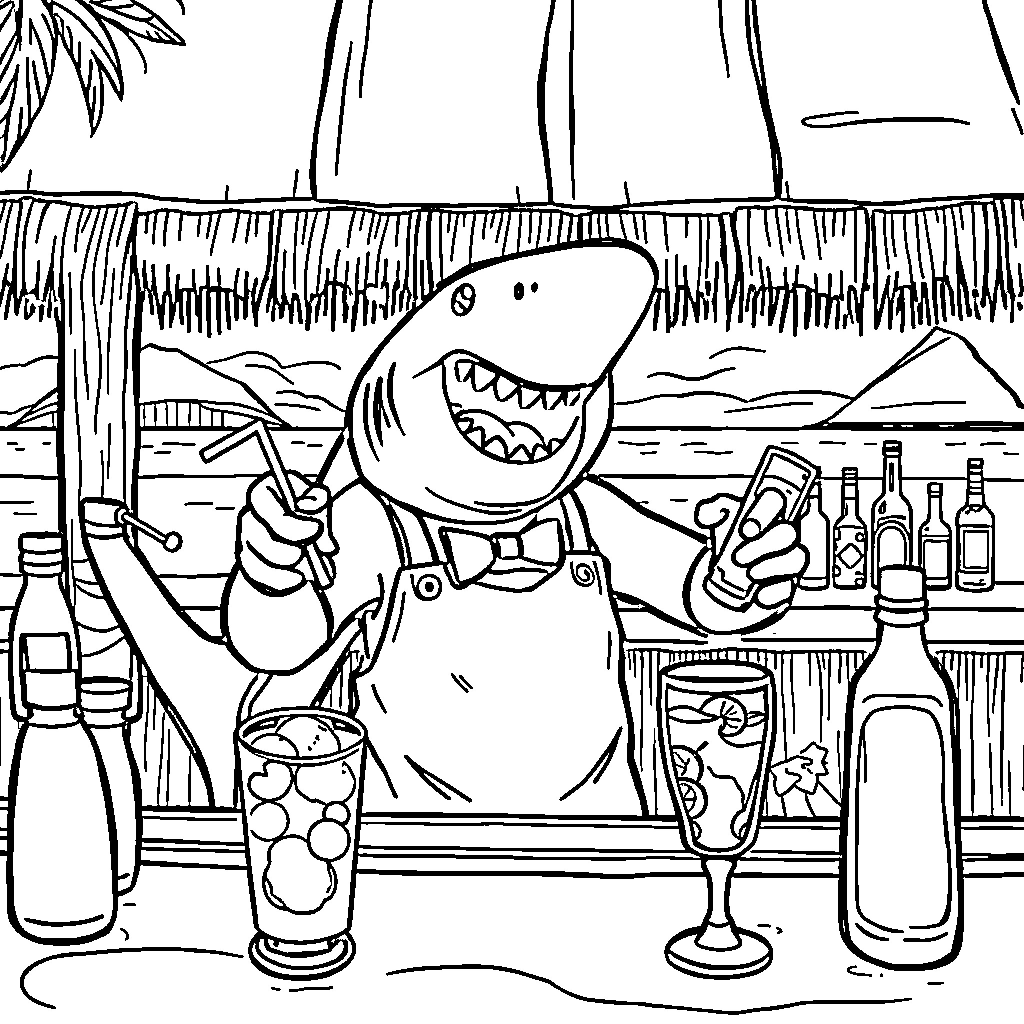Shark serving drinks at a tropical beach bar Coloring Page (free black-and-white line drawing printable PDF for all, from beginners to advanced learners, including children, teens, adults, and seniors)