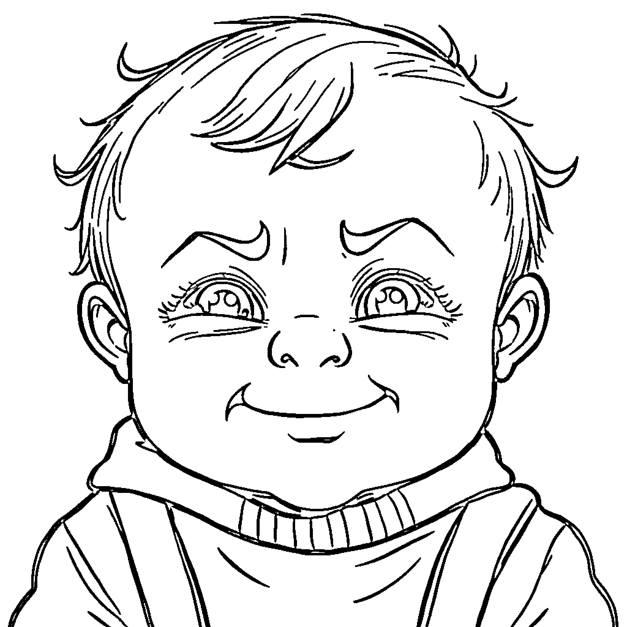 Child joyfully smiling in illustration Coloring Page (free black-and-white line drawing printable PDF for all, from beginners to advanced learners, including children, teens, adults, and seniors)