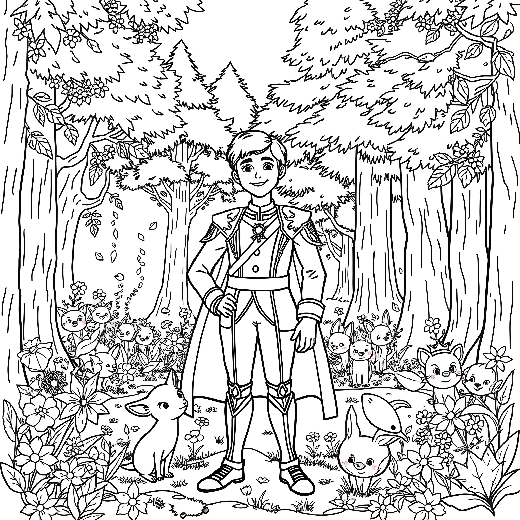 Prince Exploring the Enchanted Forest with Animal Friends Coloring Page (free black-and-white line drawing printable PDF for all, from beginners to advanced learners, including children, teens, adults, and seniors)
