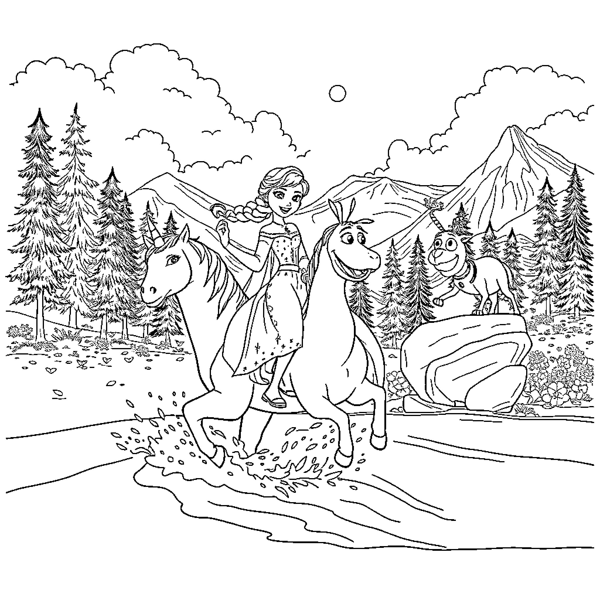Character exploring a scenic mountain landscape with a horse Coloring Page (free black-and-white line drawing printable PDF for all, from beginners to advanced learners, including children, teens, adults, and seniors)
