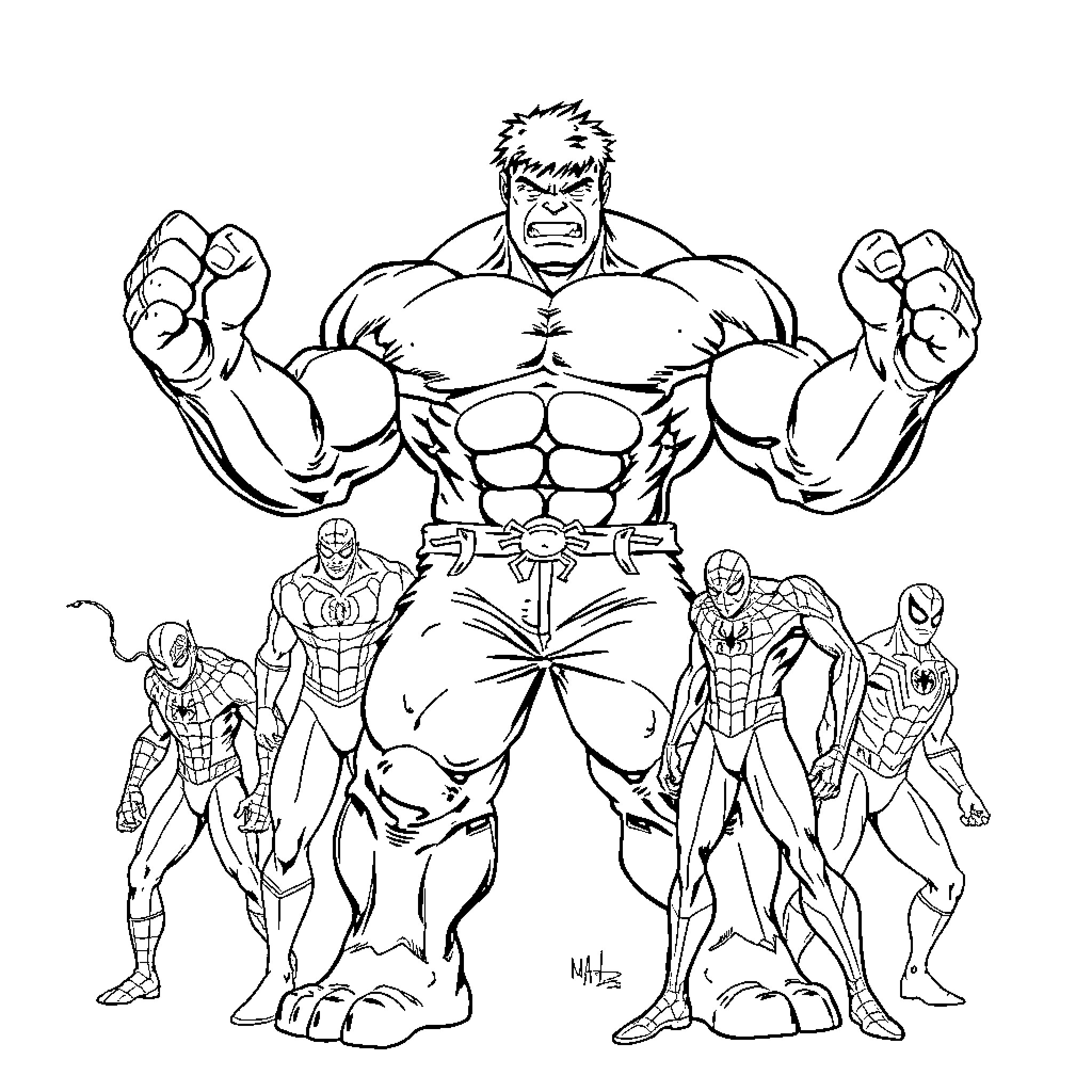 Hulk Surrounded by Marvel Superheroes in Action Poses Coloring Page (free black-and-white line drawing printable PDF for all, from beginners to advanced learners, including children, teens, adults, and seniors)