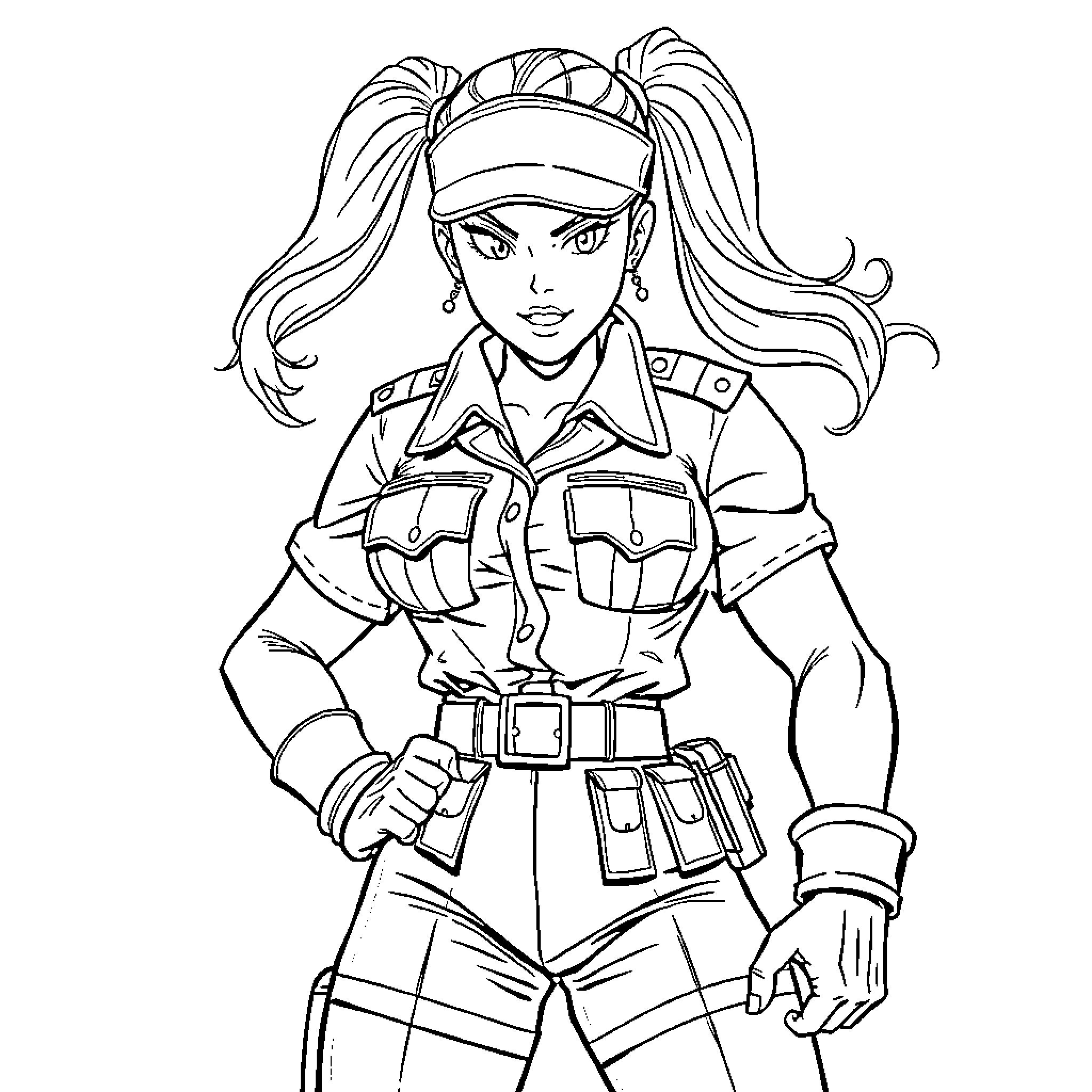 Cammy in Action: Adventurous Attire and Determined Expression Coloring Page (free black-and-white line drawing printable PDF for all, from beginners to advanced learners, including children, teens, adults, and seniors)
