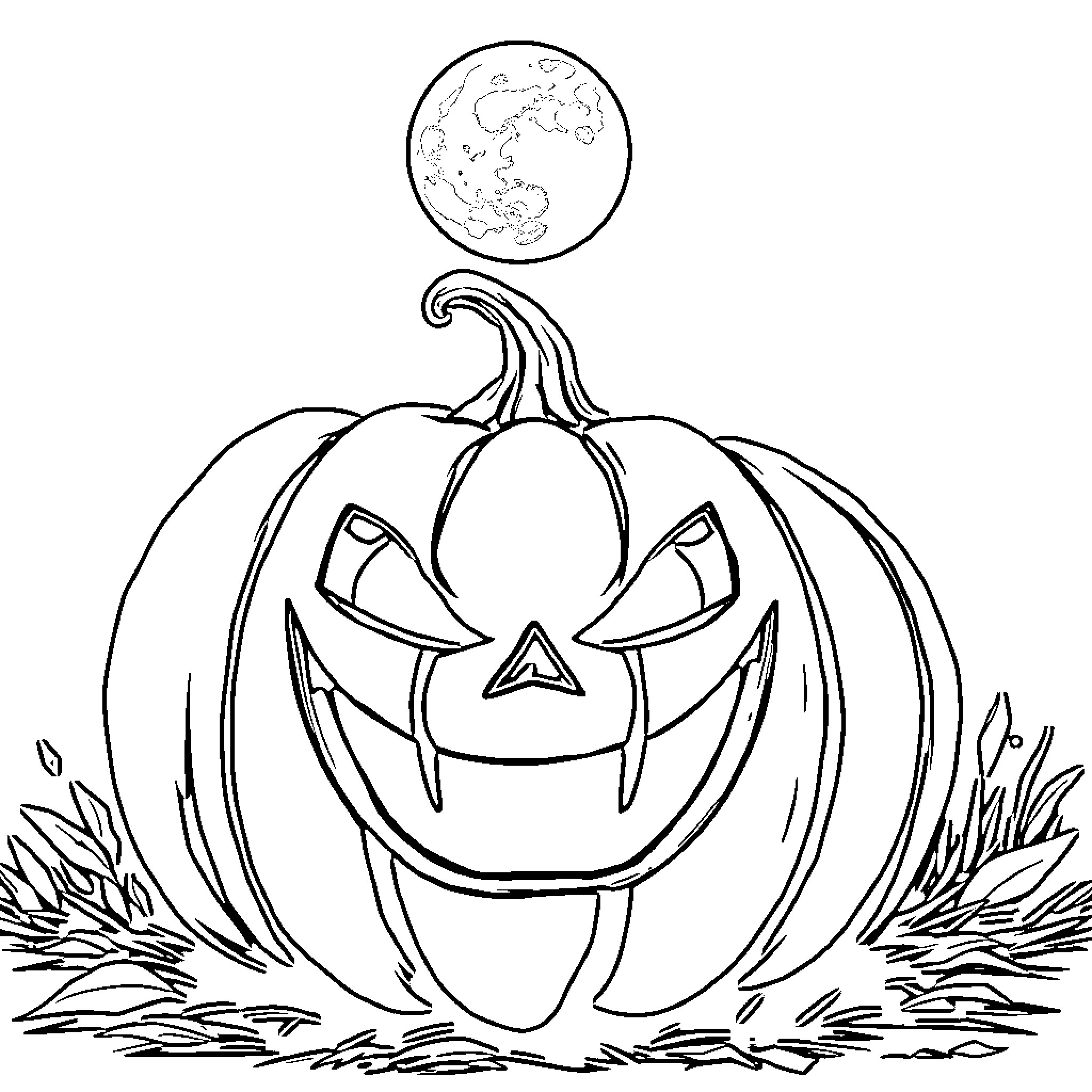 Pumpkin with a spooky jack-o'-lantern face Coloring Page (free black-and-white line drawing printable PDF for all, from beginners to advanced learners, including children, teens, adults, and seniors)