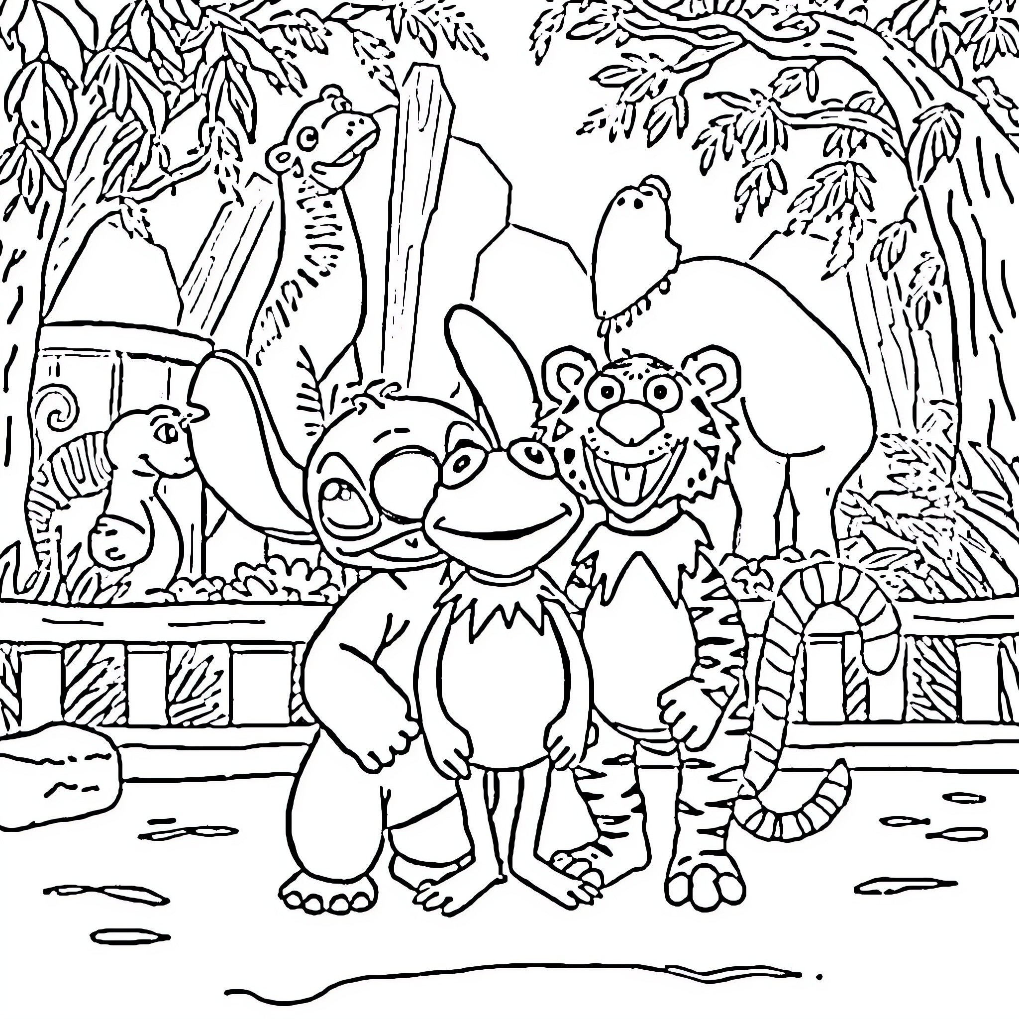 Stitch and friends explore the jungle Coloring Page (free black-and-white line drawing printable PDF for all, from beginners to advanced learners, including children, teens, adults, and seniors)