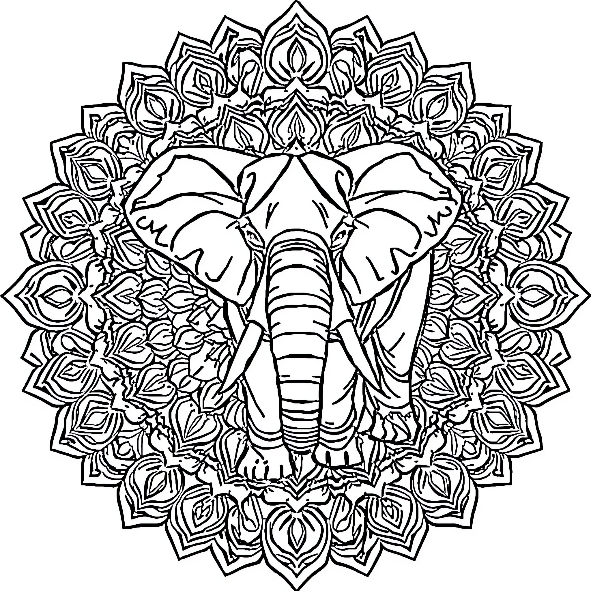 Elephant adorning intricate mandala design Coloring Page (free black-and-white line drawing printable PDF for all, from beginners to advanced learners, including children, teens, adults, and seniors)