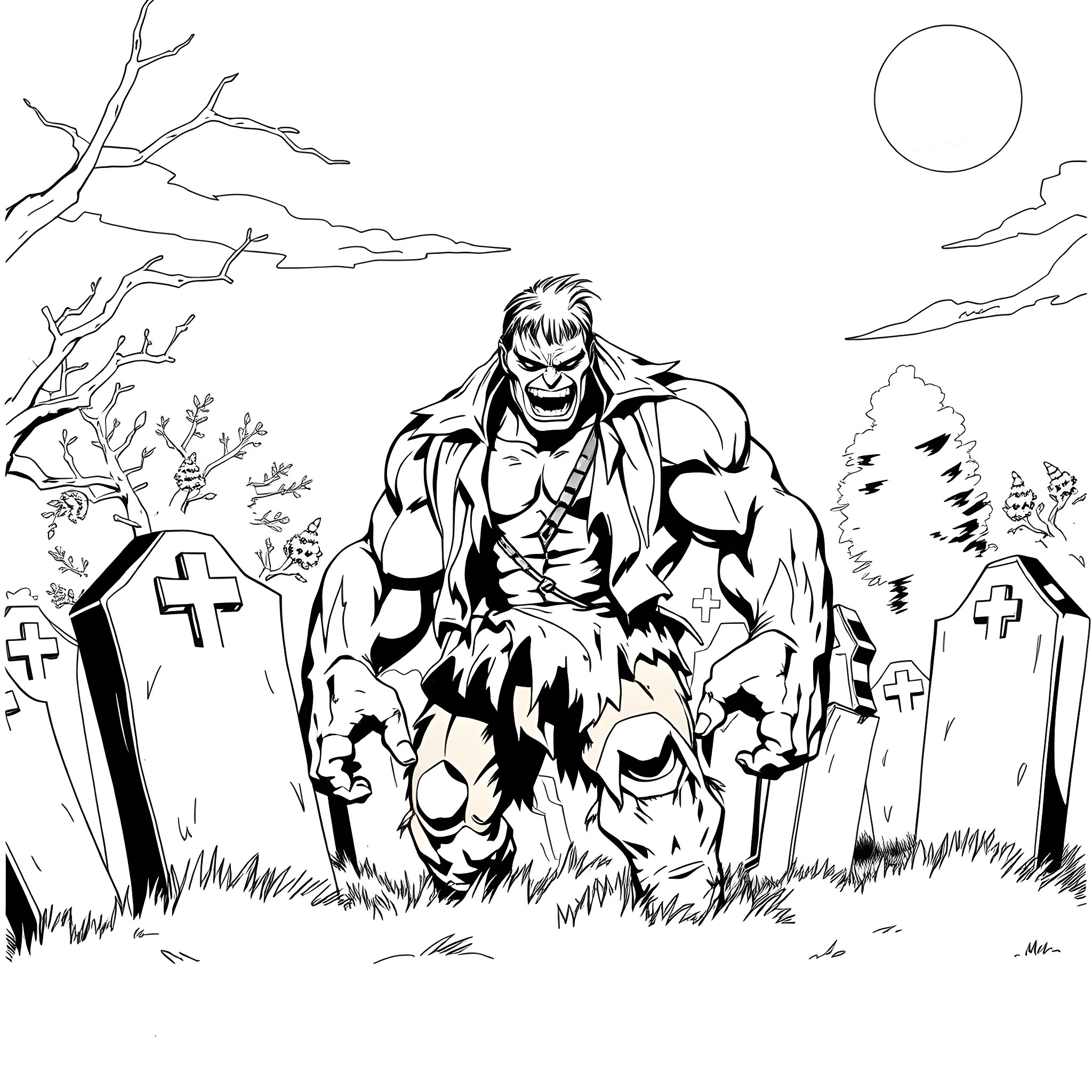 Skulk of a growling ghoul in a graveyard Coloring Page (free black-and-white line drawing printable PDF for all, from beginners to advanced learners, including children, teens, adults, and seniors)
