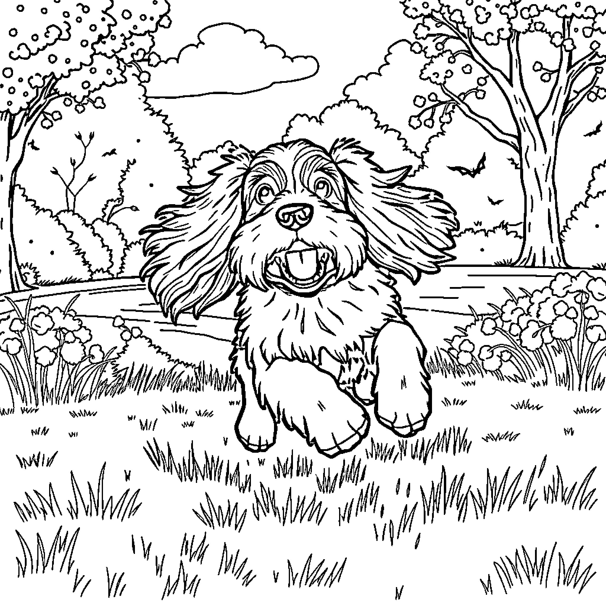 Cocker Spaniel playing joyfully in idyllic outdoor scene Coloring Page (free black-and-white line drawing printable PDF for all, from beginners to advanced learners, including children, teens, adults, and seniors)