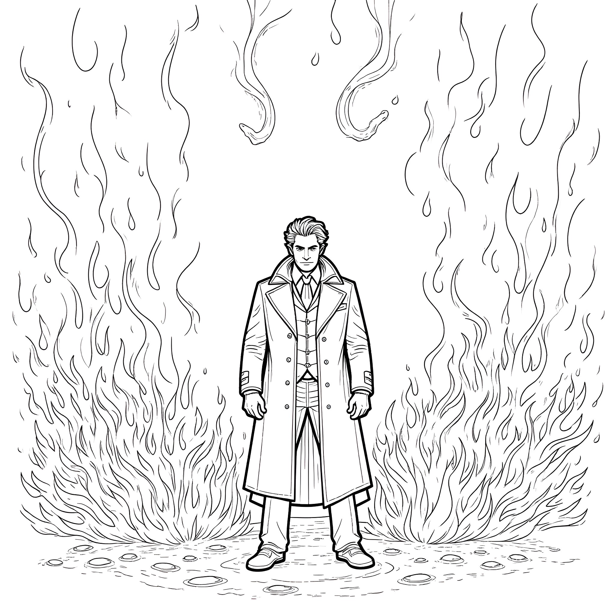 John Constantine facing the flames Coloring Page (free black-and-white line drawing printable PDF for all, from beginners to advanced learners, including children, teens, adults, and seniors)