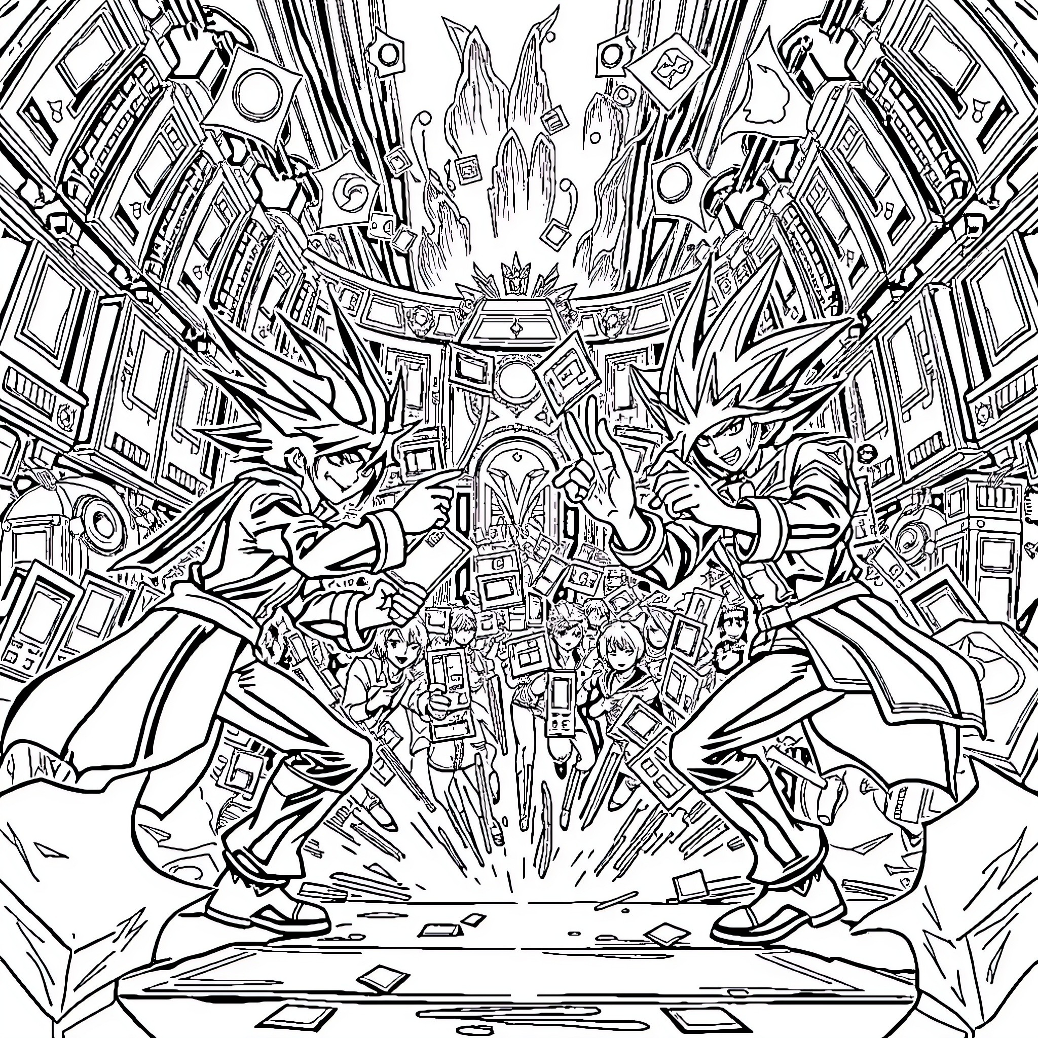 Yu-Gi-Oh: Dueling Rivals in Epic Battle Coloring Page (free black-and-white line drawing printable PDF for all, from beginners to advanced learners, including children, teens, adults, and seniors)