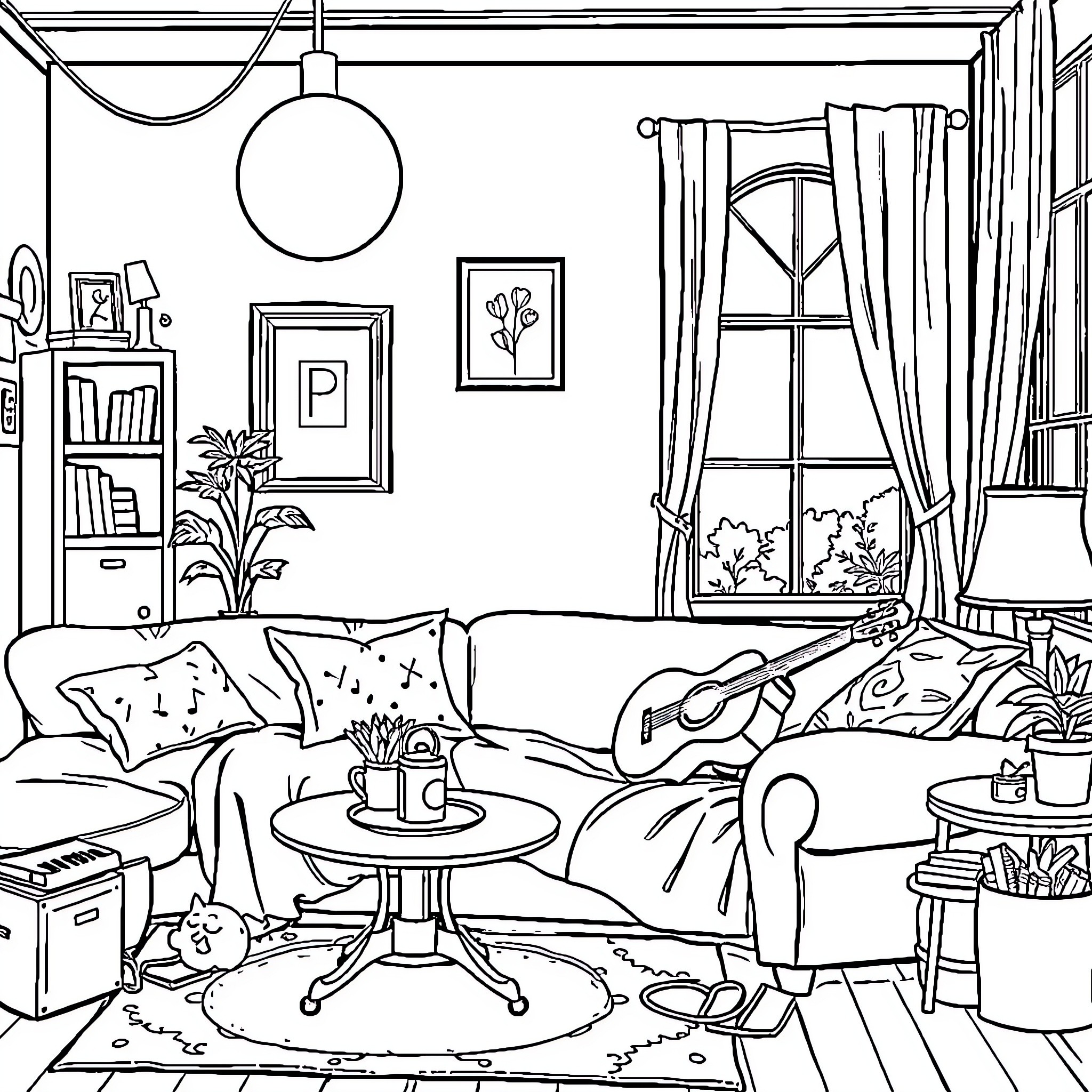 Music-inspired Cozy Living Room Interior Coloring Page (free black-and-white line drawing printable PDF for all, from beginners to advanced learners, including children, teens, adults, and seniors)