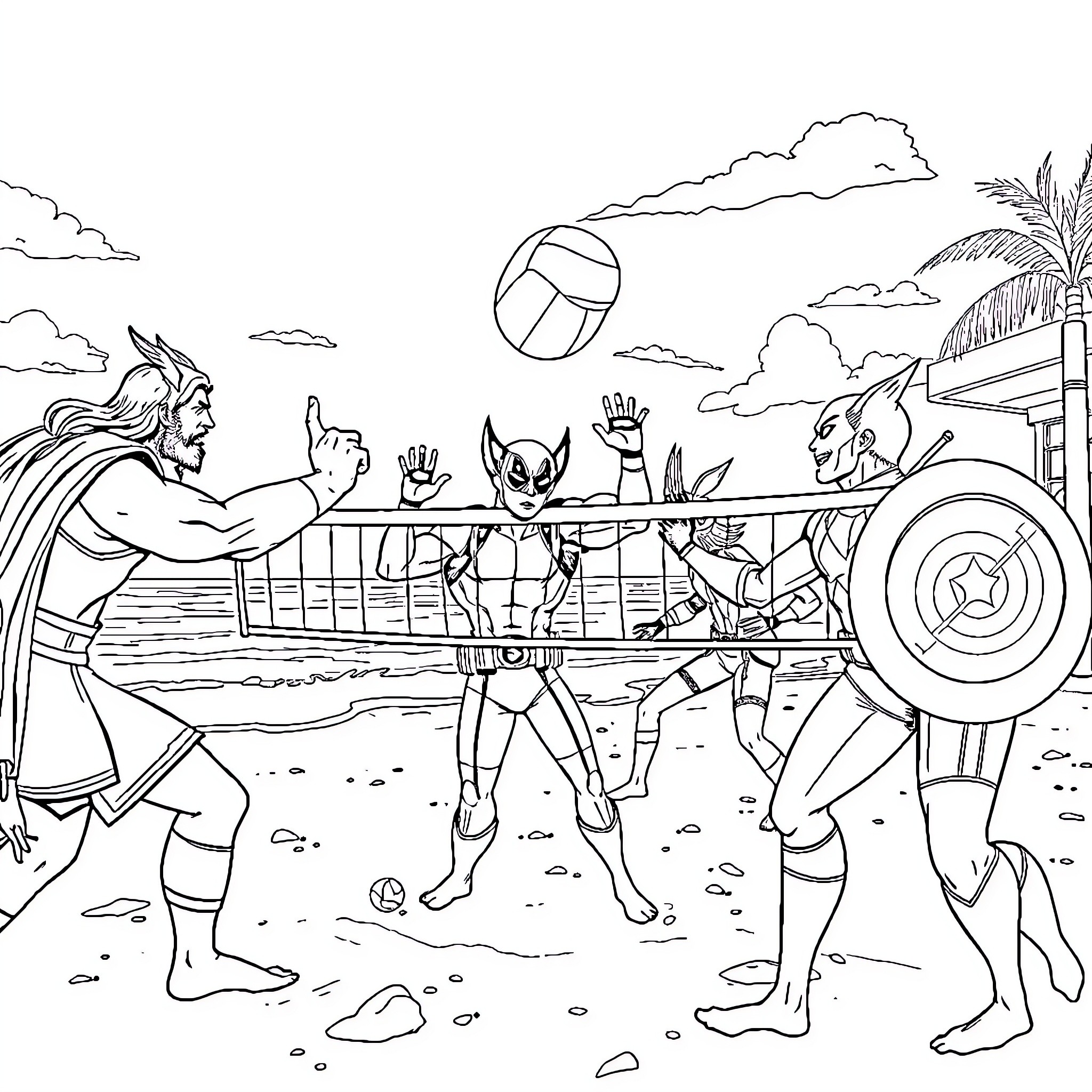 Superhero Beach Volleyball Game with Unique Characters Coloring Page (free black-and-white line drawing printable PDF for all, from beginners to advanced learners, including children, teens, adults, and seniors)