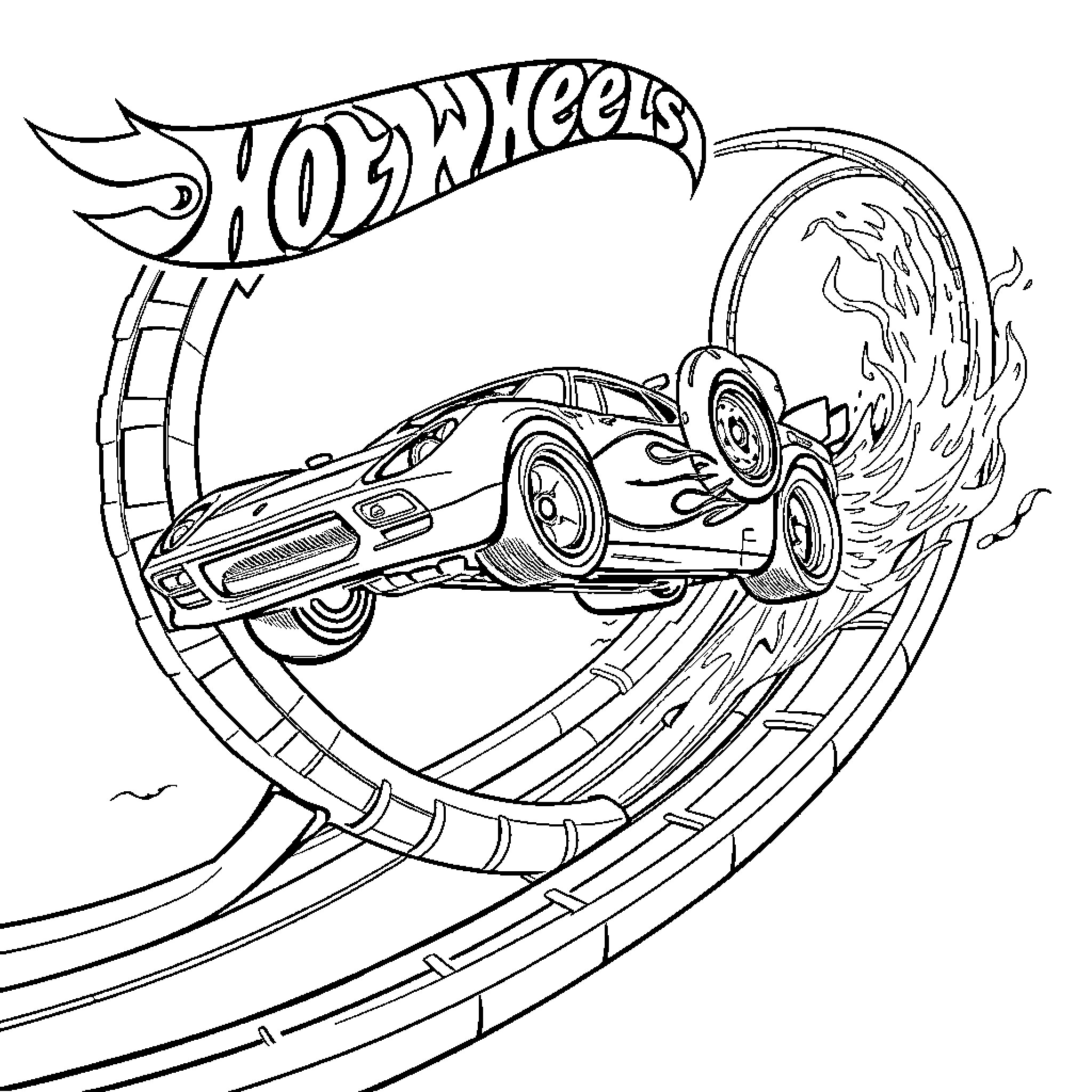 Hot Wheels sports car racing through loop-the-loop track Coloring Page (free black-and-white line drawing printable PDF for all, from beginners to advanced learners, including children, teens, adults, and seniors)