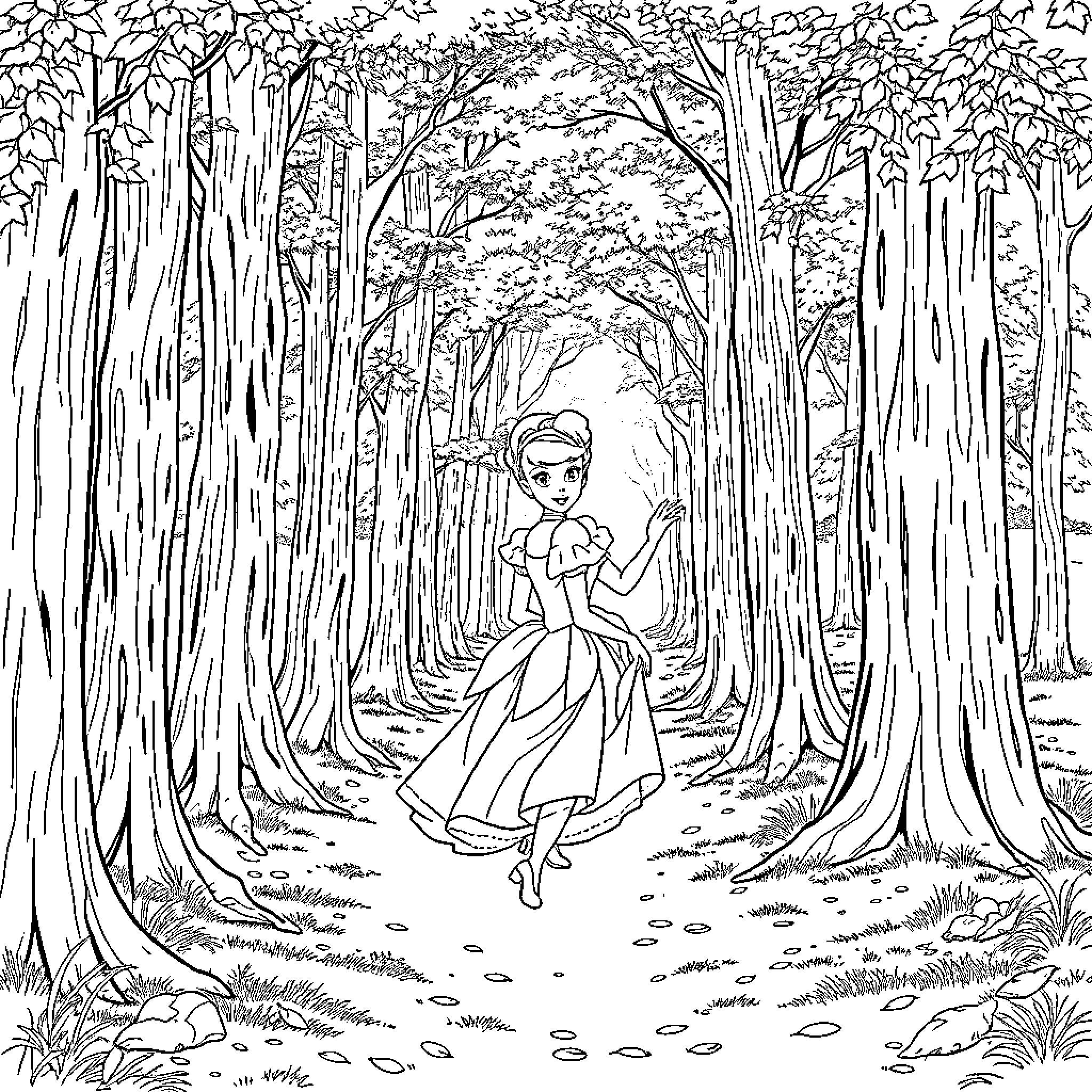 Cinderella's Enchanted Forest Adventure Coloring Page (free black-and-white line drawing printable PDF for all, from beginners to advanced learners, including children, teens, adults, and seniors)