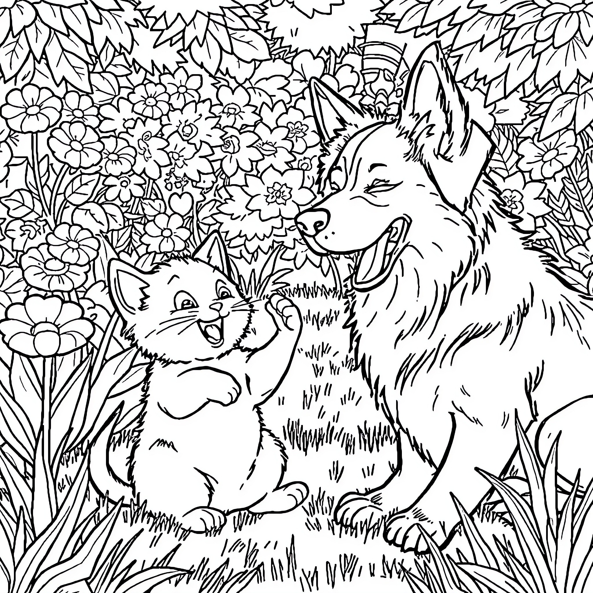Cat companions enjoying a flower-filled meadow Coloring Page (free black-and-white line drawing printable PDF for all, from beginners to advanced learners, including children, teens, adults, and seniors)
