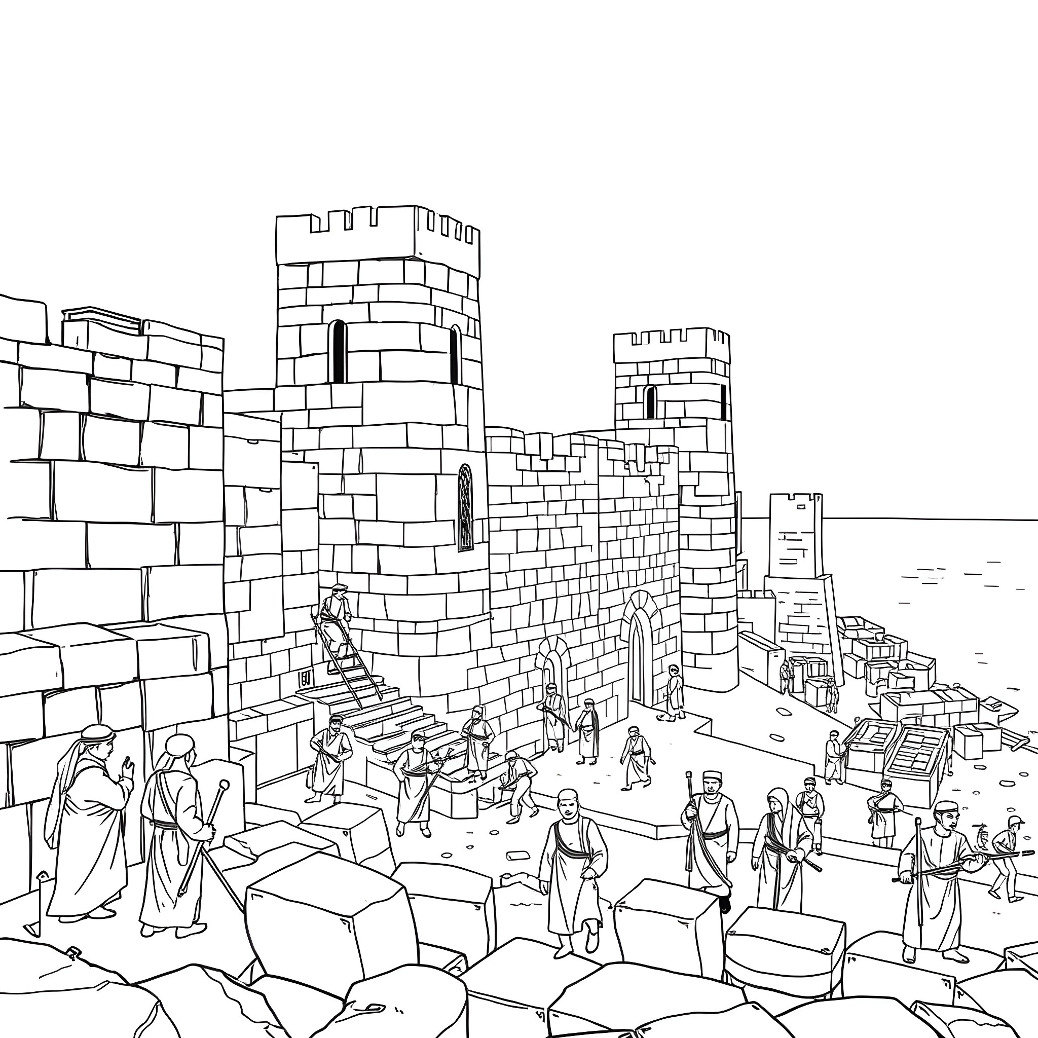 Citadel of bustling activity with medieval figures Coloring Page (free black-and-white line drawing printable PDF for all, from beginners to advanced learners, including children, teens, adults, and seniors)