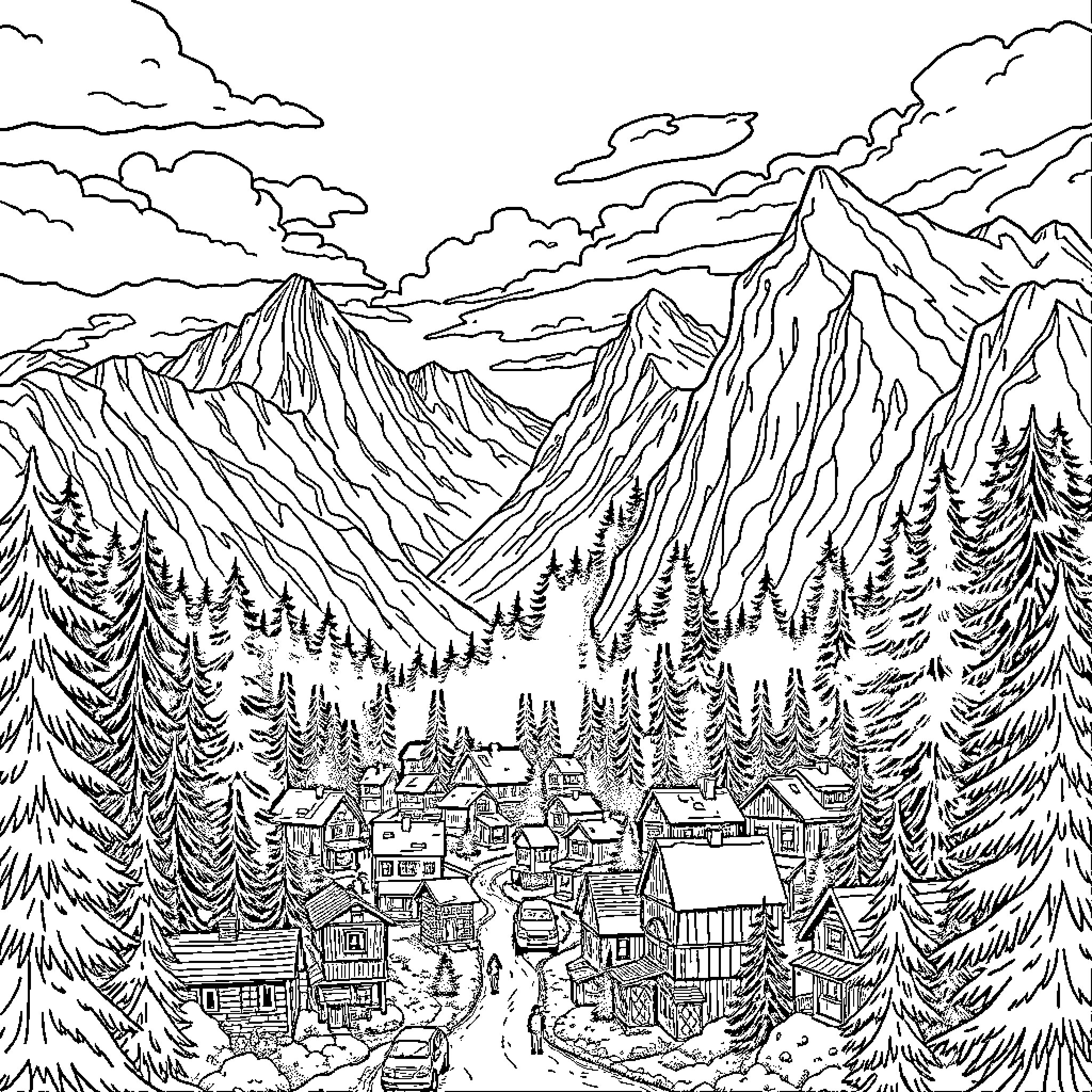 Gravity Falls: Mysterious Mountain Landscape Coloring Page (free black-and-white line drawing printable PDF for all, from beginners to advanced learners, including children, teens, adults, and seniors)