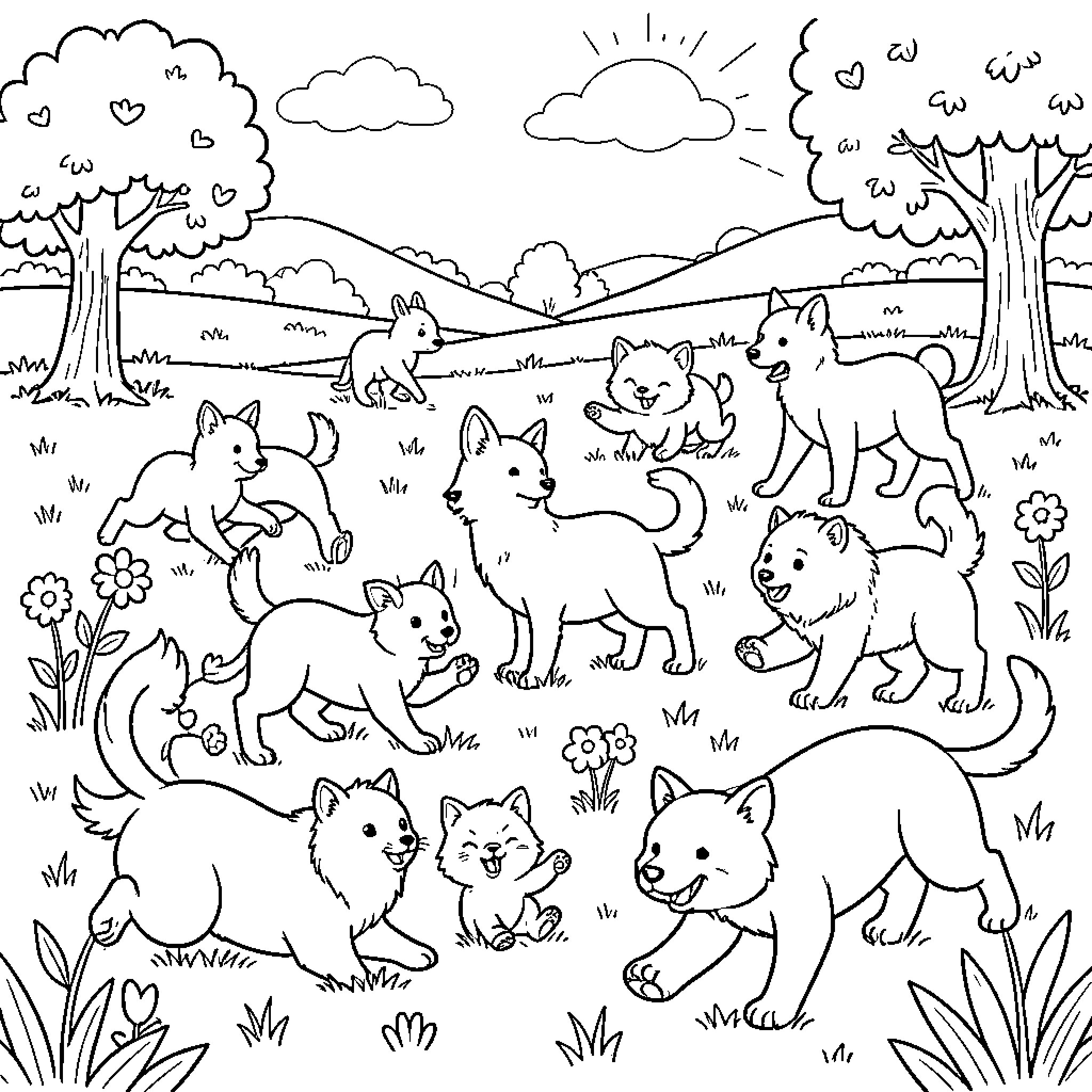 Animal Pack playing in the meadow Coloring Page (free black-and-white line drawing printable PDF for all, from beginners to advanced learners, including children, teens, adults, and seniors)