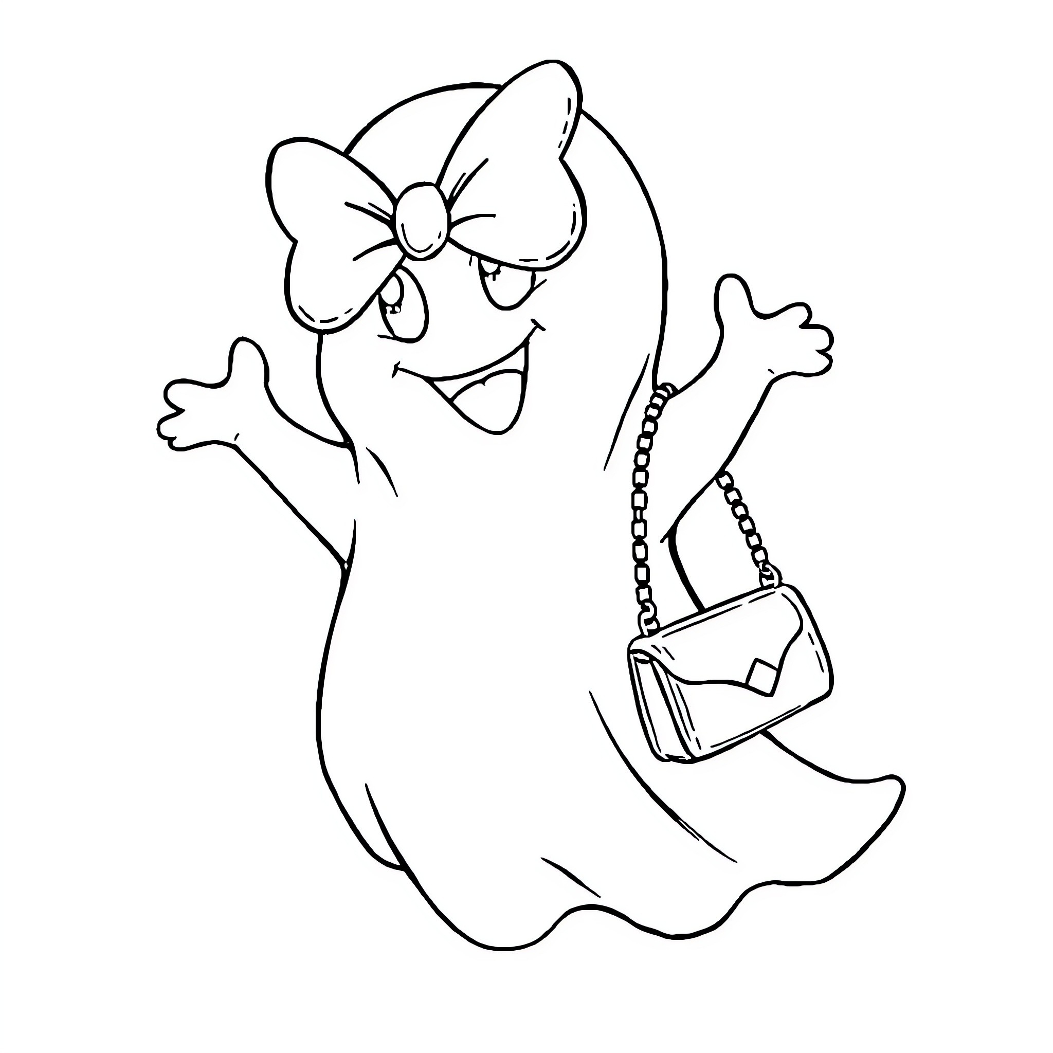 Ghost excitedly holding a handbag Coloring Page (free black-and-white line drawing printable PDF for all, from beginners to advanced learners, including children, teens, adults, and seniors)