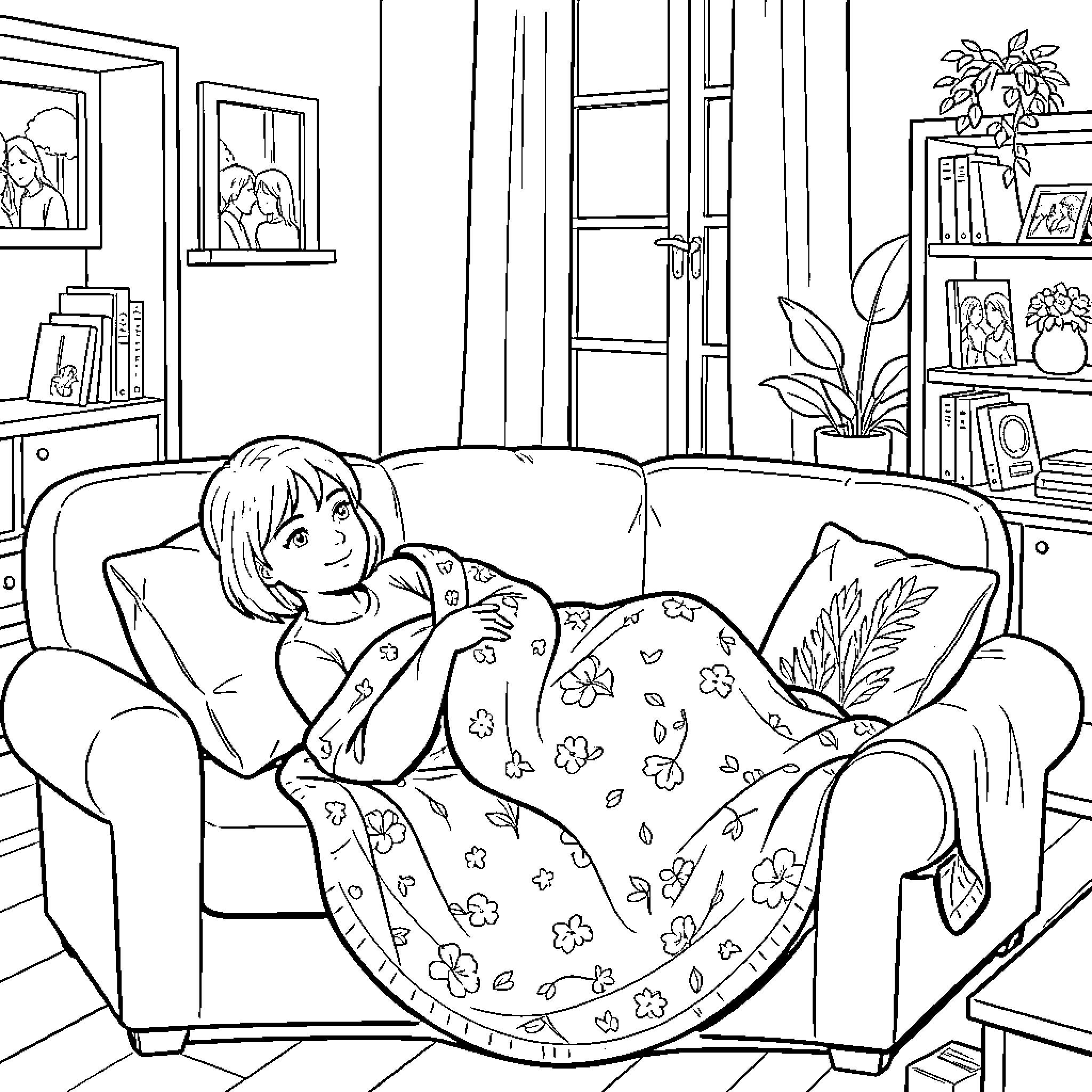 Katharina relaxing comfortably on the sofa Coloring Page (free black-and-white line drawing printable PDF for all, from beginners to advanced learners, including children, teens, adults, and seniors)