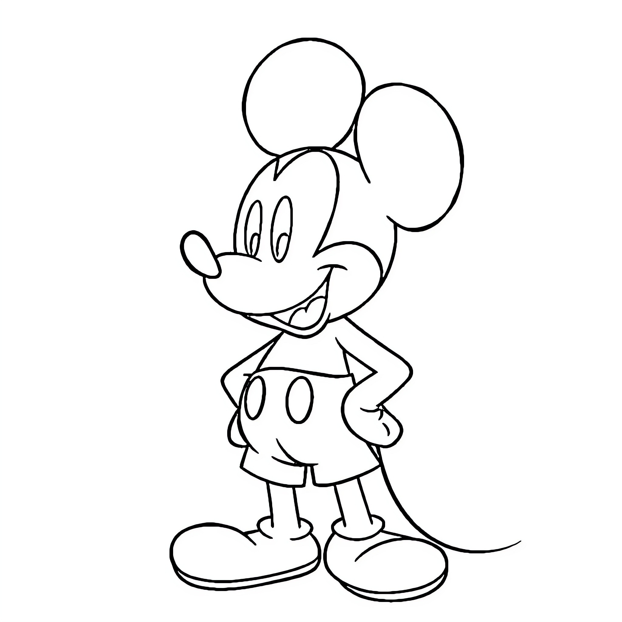 Mickey Mouse smiling and posing playfully Coloring Page (free black-and-white line drawing printable PDF for all, from beginners to advanced learners, including children, teens, adults, and seniors)