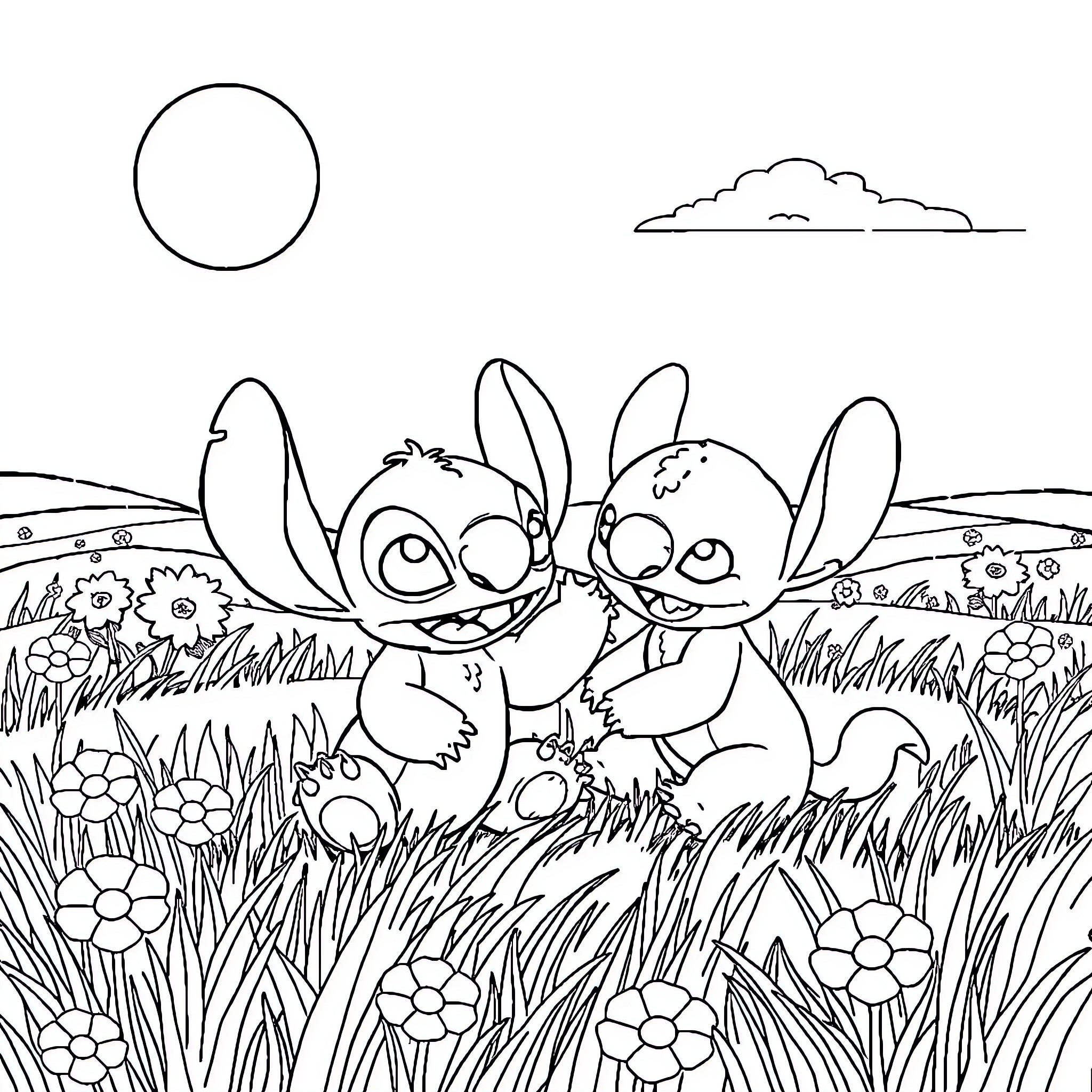 Stitch and Scrump playing in the meadow Coloring Page (free black-and-white line drawing printable PDF for all, from beginners to advanced learners, including children, teens, adults, and seniors)