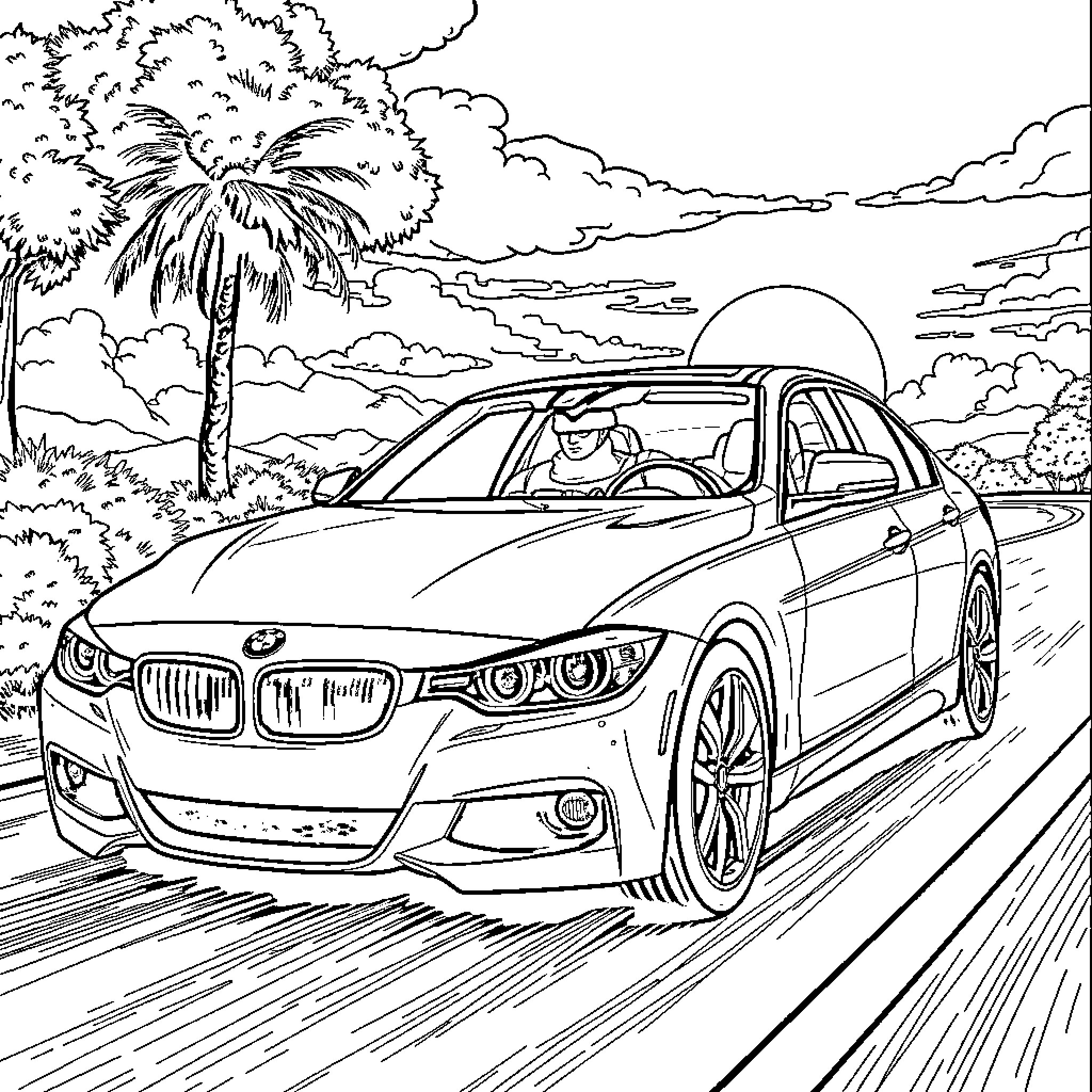 Superman driving luxury car on tropical highway Coloring Page (free black-and-white line drawing printable PDF for all, from beginners to advanced learners, including children, teens, adults, and seniors)