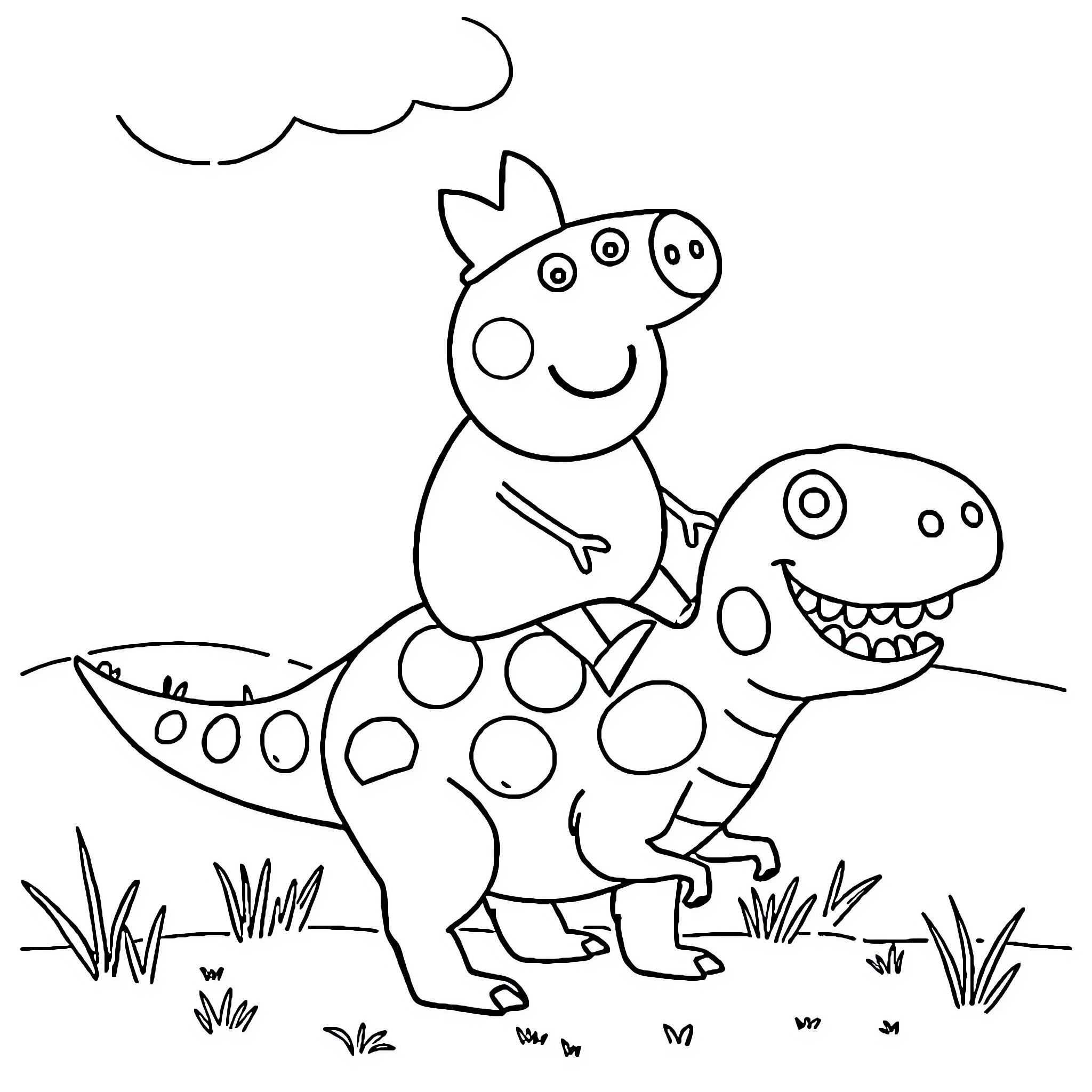 Peppa Pig playing with a dinosaur toy Coloring Page (free black-and-white line drawing printable PDF for all, from beginners to advanced learners, including children, teens, adults, and seniors)