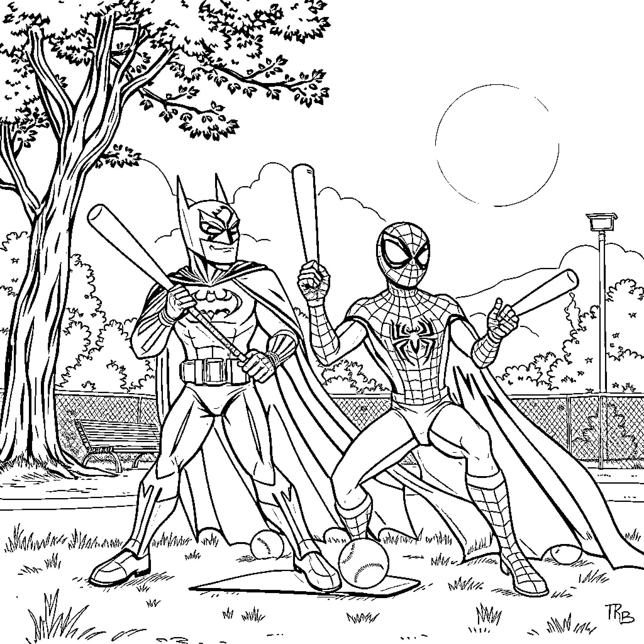 Batman and Spiderman in action-packed adventure Coloring Page (free black-and-white line drawing printable PDF for all, from beginners to advanced learners, including children, teens, adults, and seniors)