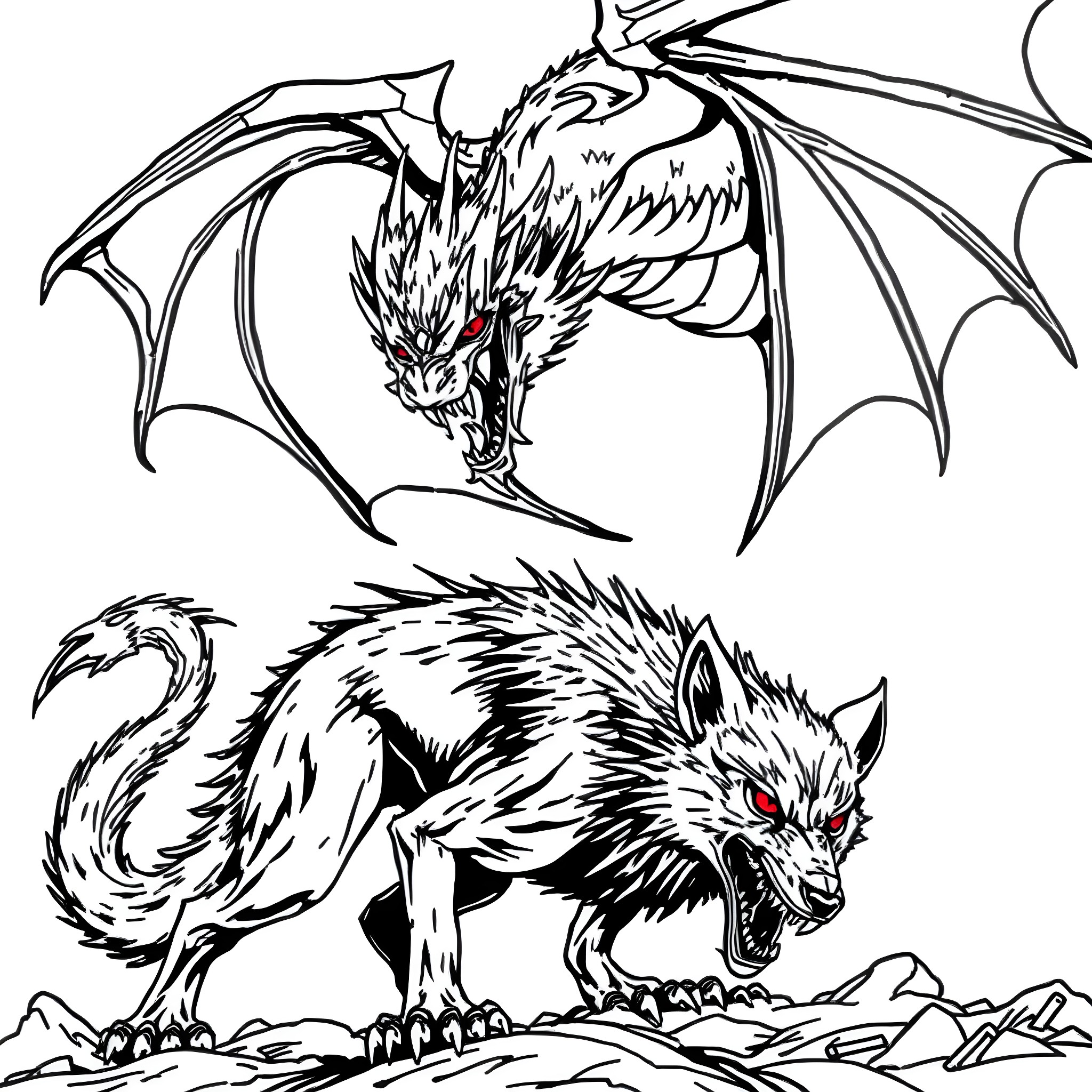 Dragon roaring fiercely and wolf howling in the wilderness Coloring Page (free black-and-white line drawing printable PDF for all, from beginners to advanced learners, including children, teens, adults, and seniors)