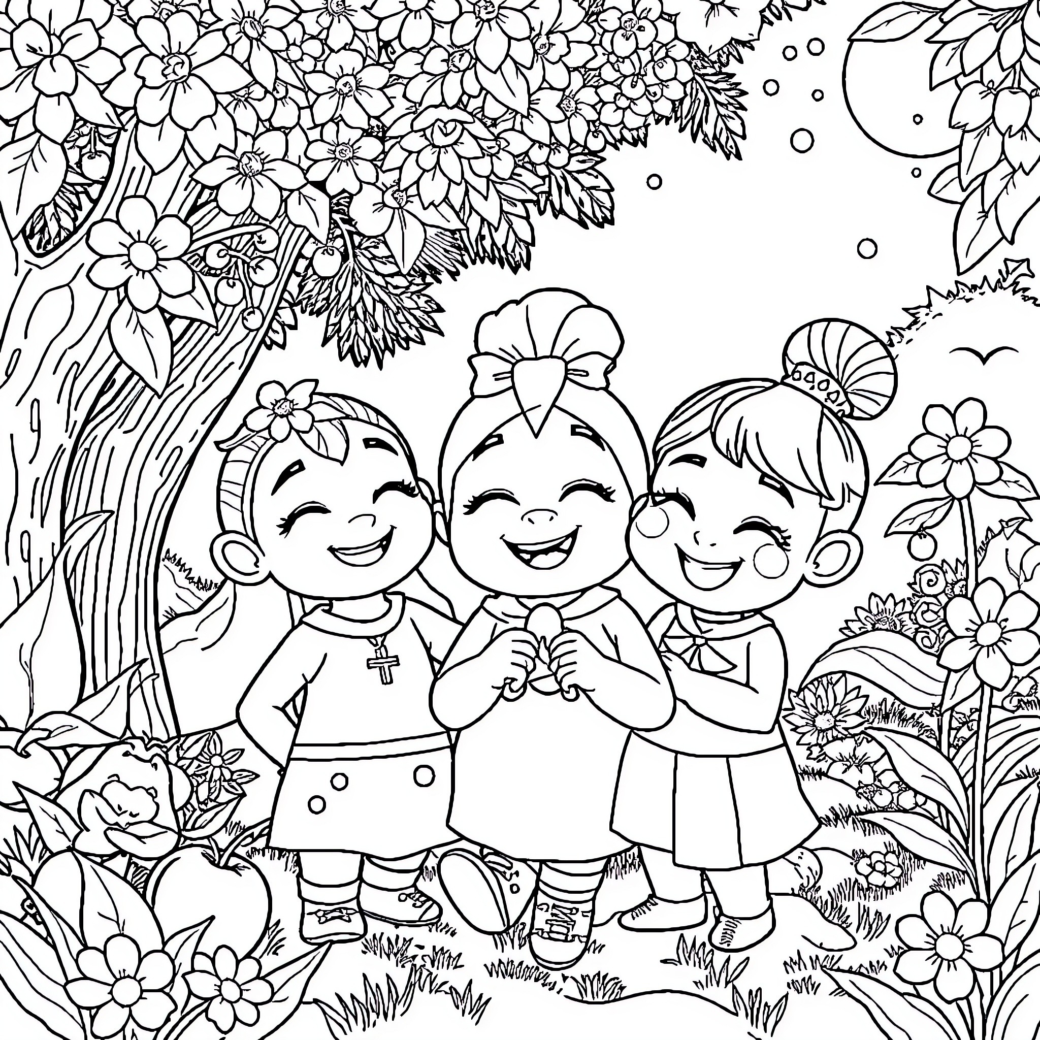 Hipopotama's Blooming Friendship: Children in a Floral Wonderland Coloring Page (free black-and-white line drawing printable PDF for all, from beginners to advanced learners, including children, teens, adults, and seniors)