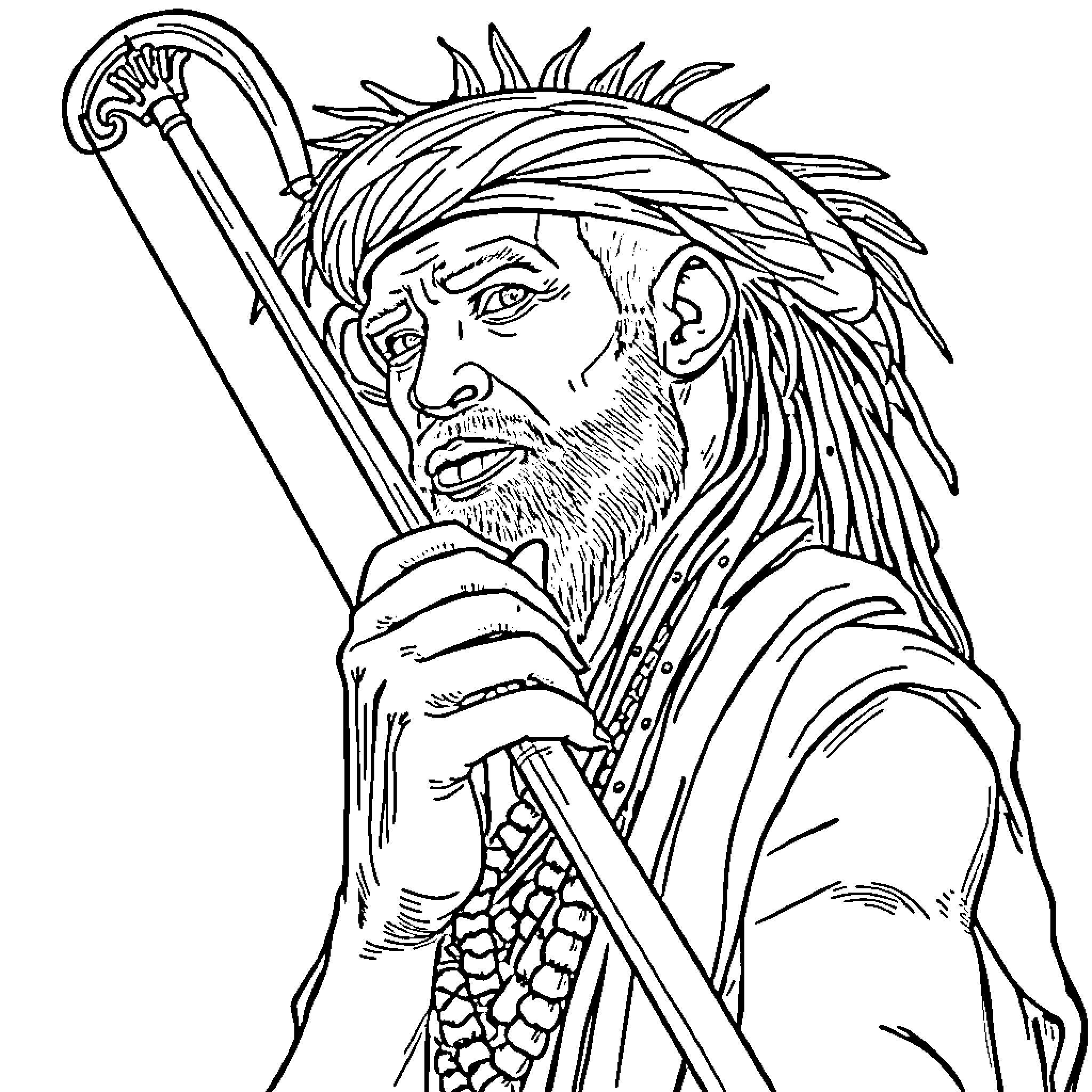 Hunter wielding a spear with determined expression Coloring Page (free black-and-white line drawing printable PDF for all, from beginners to advanced learners, including children, teens, adults, and seniors)
